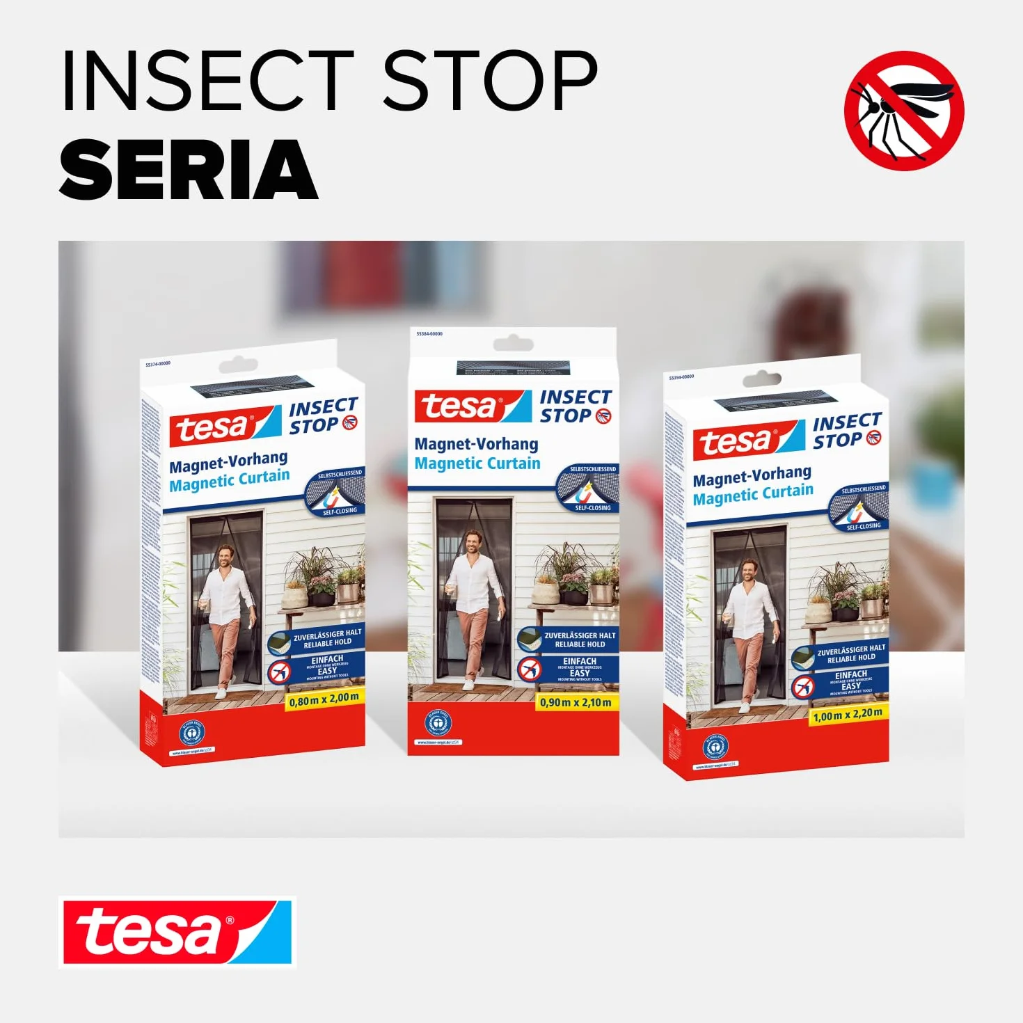 tesa INSECT STOP Magnetic Curtain - samoczynnie zamykająca się zasłona z magnesami na drzwi balkonowe, łatwy montaż bez wiercenia - 220 x 100 cm