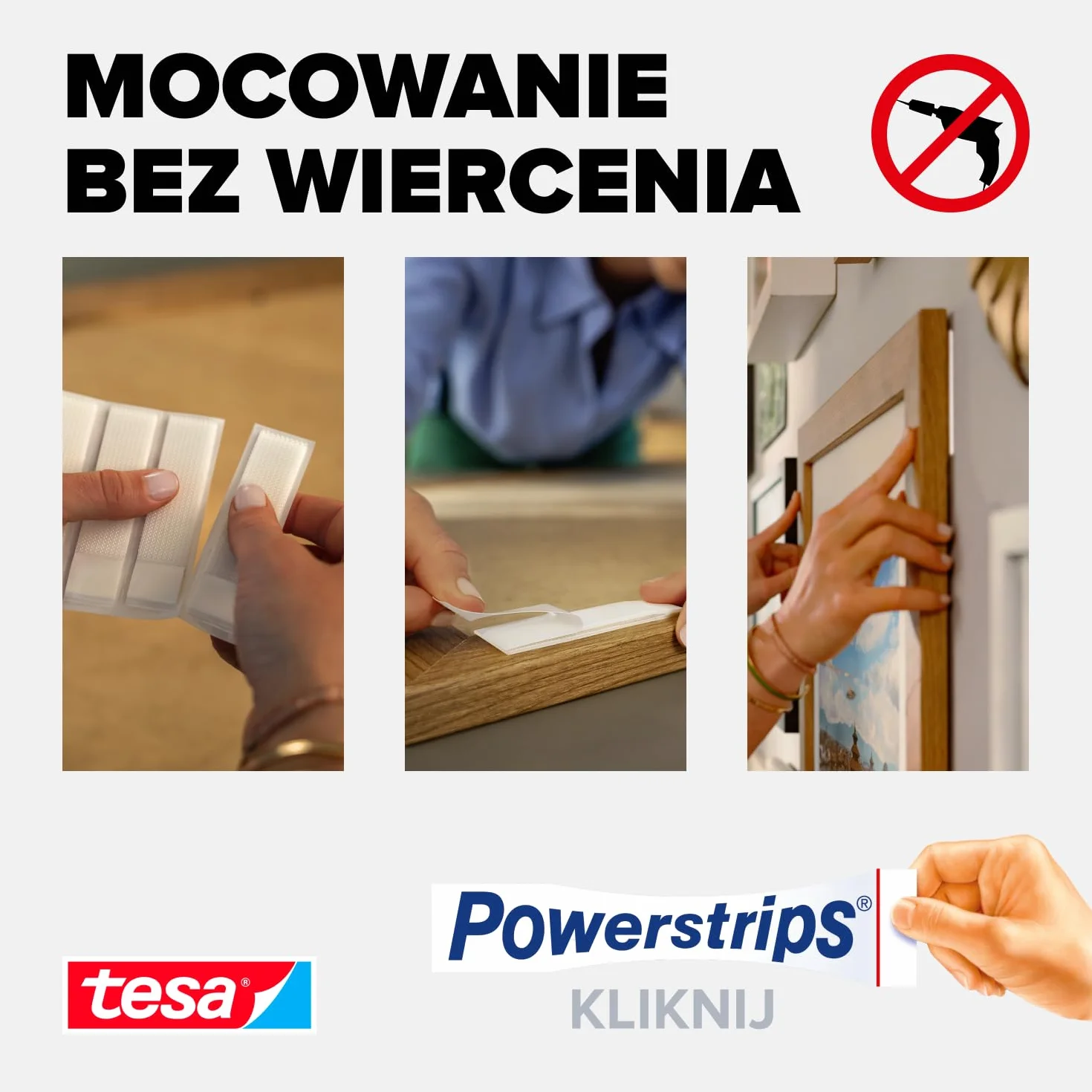 tesa Powerstrips CLICK samoprzylepne paski do mocowania i odczepiania ramek na zdjęcia i dekoracji ścian bez wiercenia, paski samoprzylepne z systemem zatrzaskowym ON i OFF, 6 x 2 m, 8 x 2 l