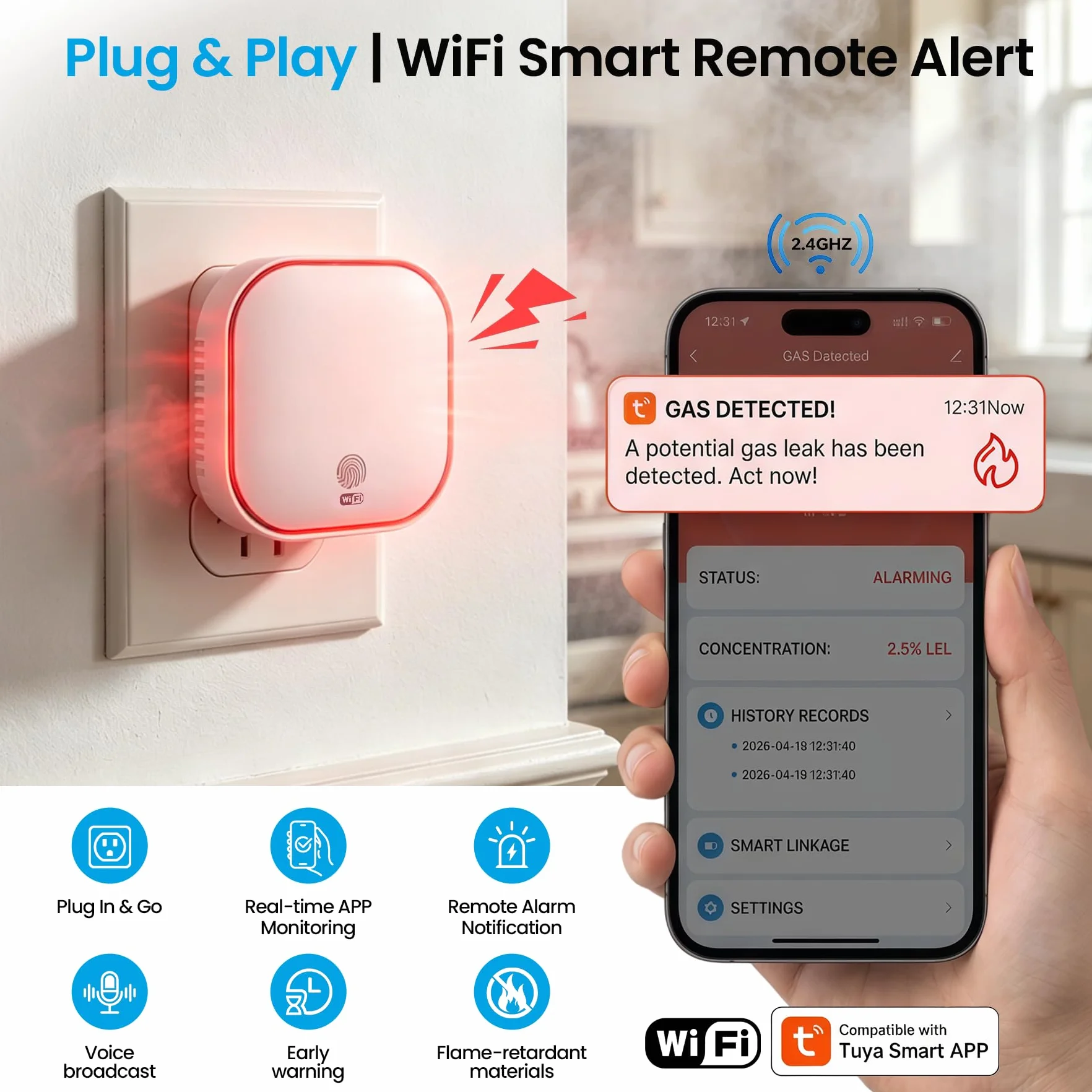 BoundlessBrothers Detektor gazu WiFi, alarm kuchenny 50194, kompatybilny Tuya Smart 2,4 GHz, czujnik wycieku gazu naturalnego, metan, propan, butan, LPG