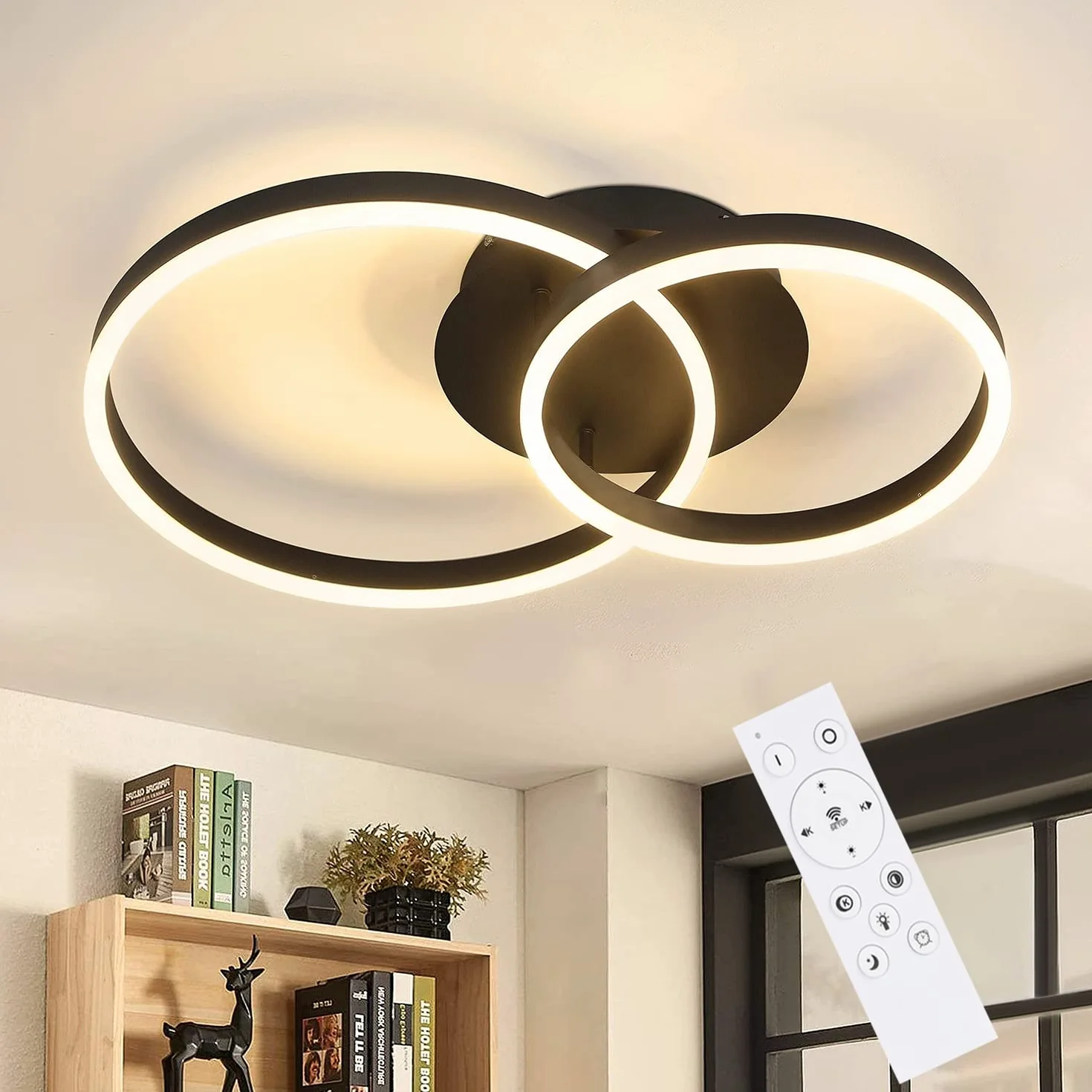 ZMH Lampa Sufitowa LED Ściemniana, Czarna, Nowoczesna, 46 W, 2 Pierścienie, Do Salonu, Sypialni, Gabinetu, Biura, Kuchni, Hotelu, Restauracji, Jadalni, 59 x 40 x