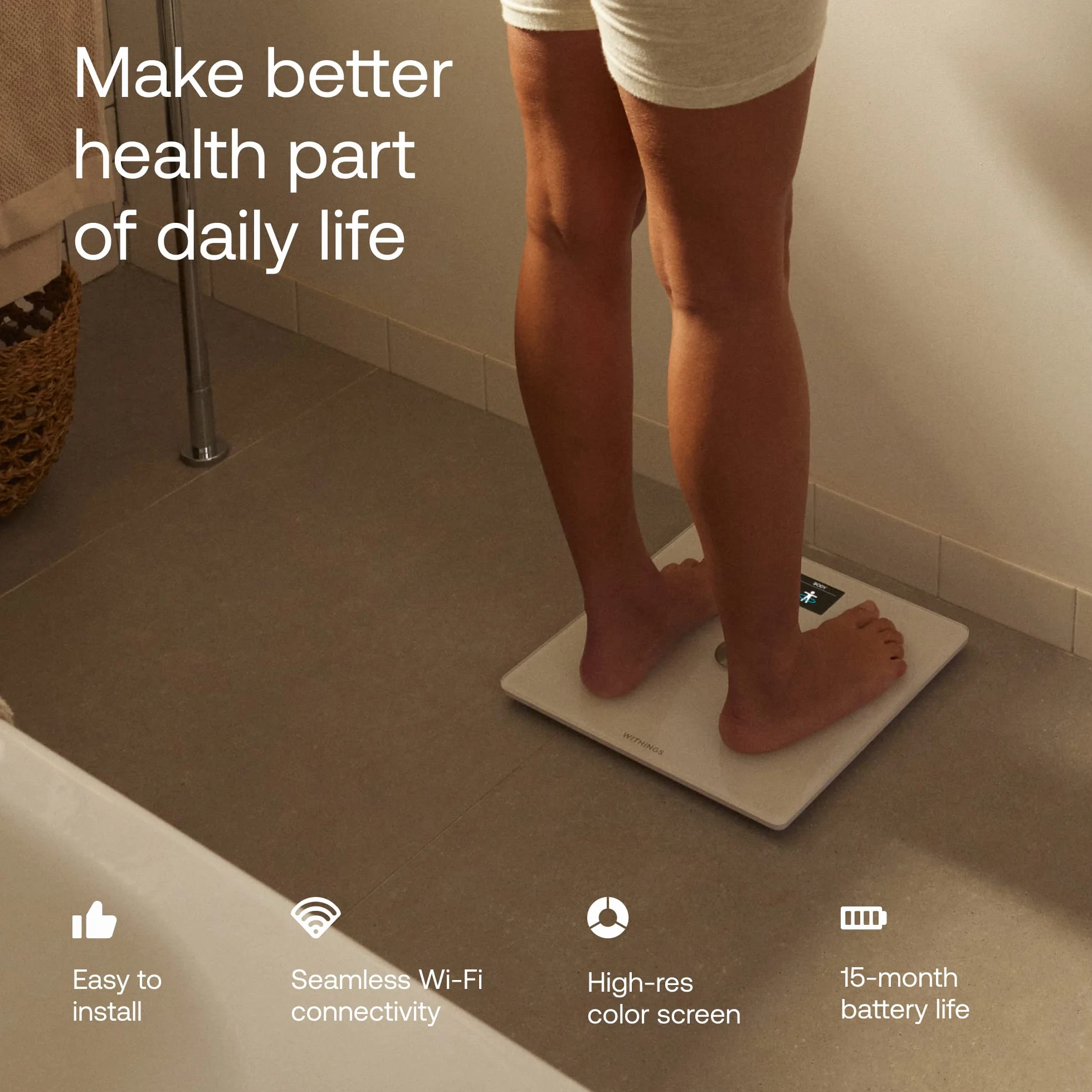 Withings Body Smart – waga z Wi-Fi i Bluetooth z funkcją analizy składu ciała, kolorowy ekran. Biała