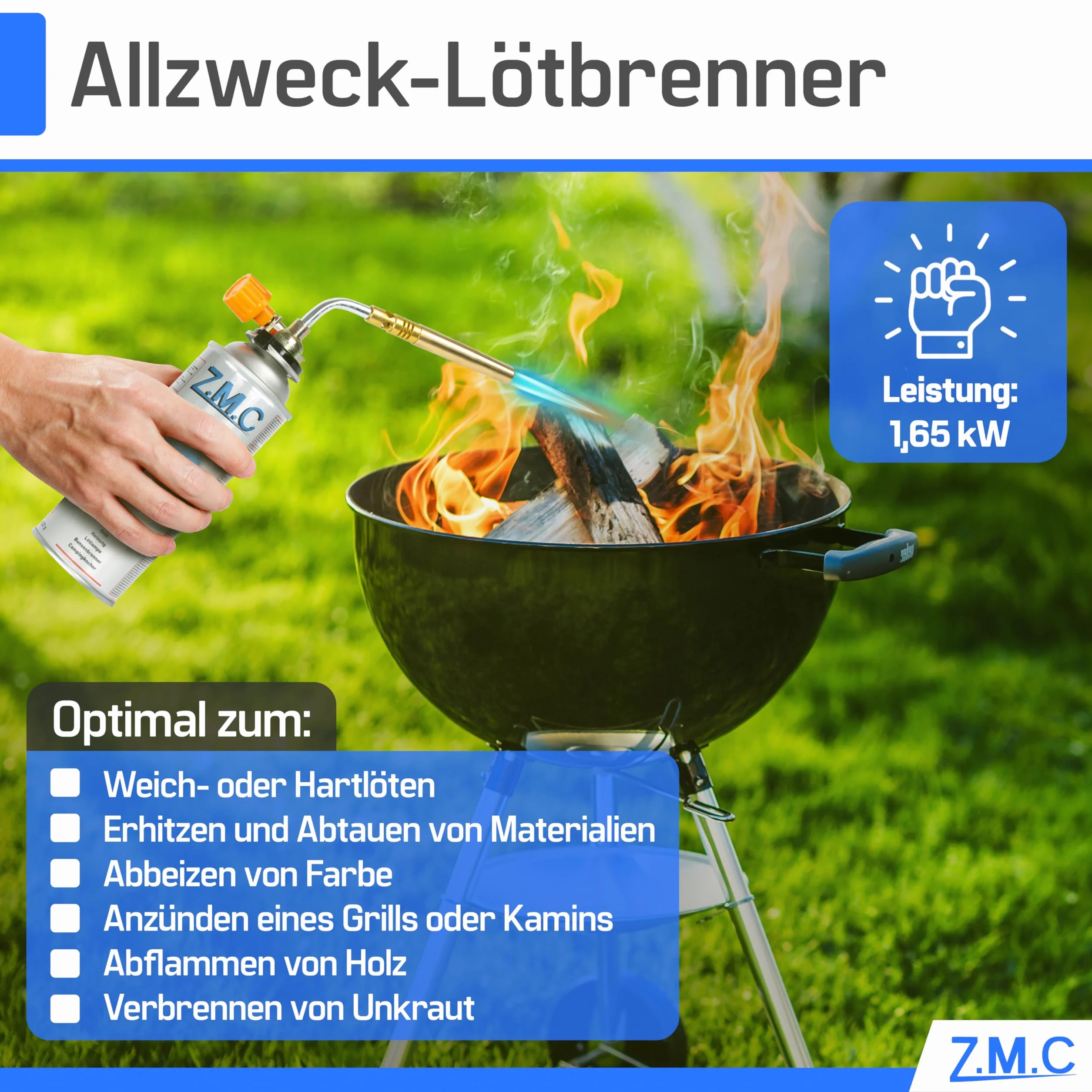 Z.M.C Palnik gazowy 1,65 kW + 16 wkładów gazowych 227 g, palnik lutowniczy do 1371 °C, palnik Bunsena z regulowanym płomieniem, idealny na kemping