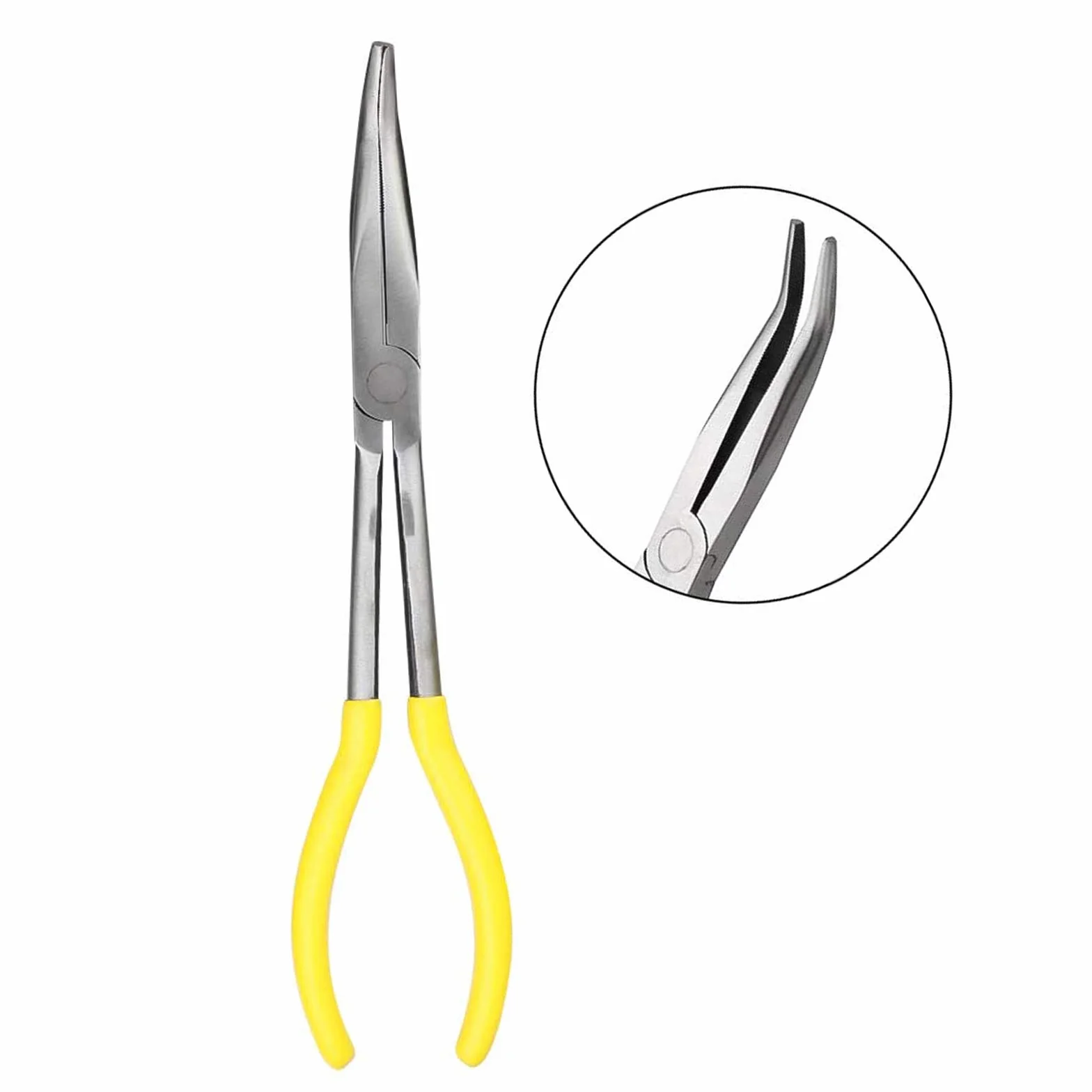 Szczypce o długim zasięgu 28 cm, zaprojektowane dla mechaników, techników i wykonawców, praca z delikatnymi lub trudno dostępnymi elementami | frezowane szczęki | stalowe szczypce wygięte 45