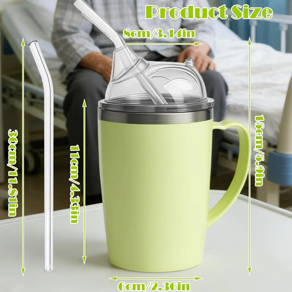 Kubek z dzióbkiem 3 w 1, dla seniorów, 350 ml, z uchwytem i słomką 30 cm, dla dorosłych z niepełnosprawnością, kobiet w ciąży i osób starszych