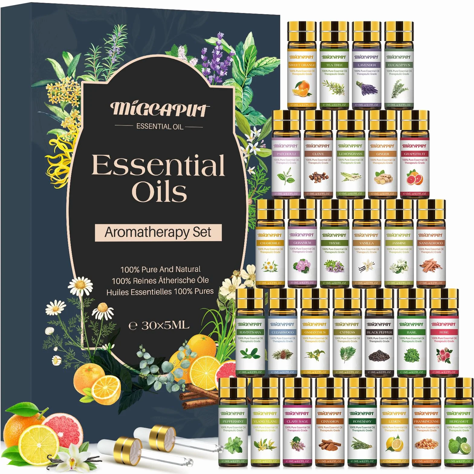 Zestaw Olejków Eterycznych 30 x 5ML, Lawenda, Drzewo Herbaciane, Mięta, Rozmaryn, Eukaliptus, Cynamon do Aromaterapii