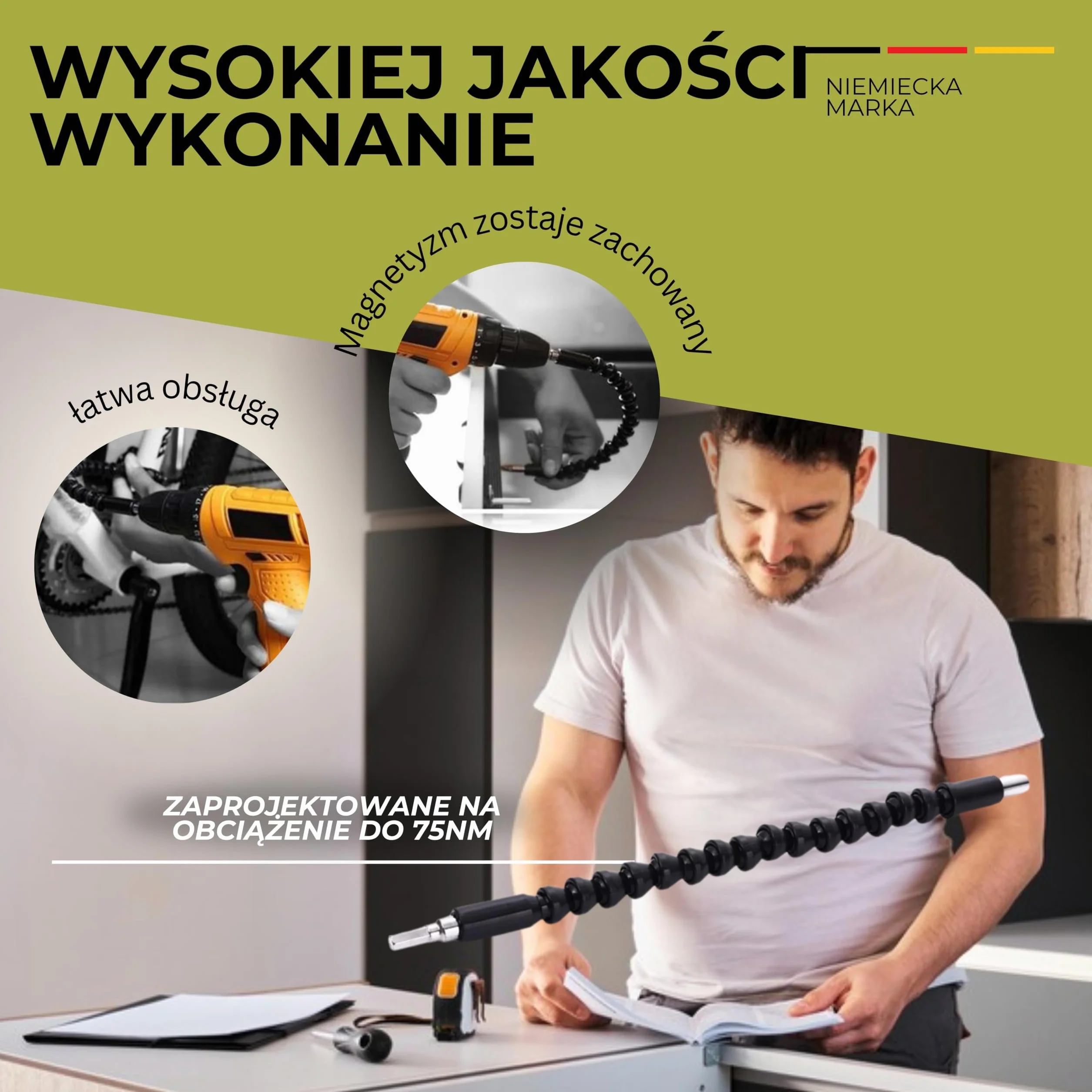 Solidny adapter kątowy do wkrętarki, magnetyczny krótki adapter 90 stopni! | Poręczna przystawka kątowa do wiertarki z momentem do 75 Nm. Wytrzymała, niewielka końcówka z przedłużką z ulepszonej stali.