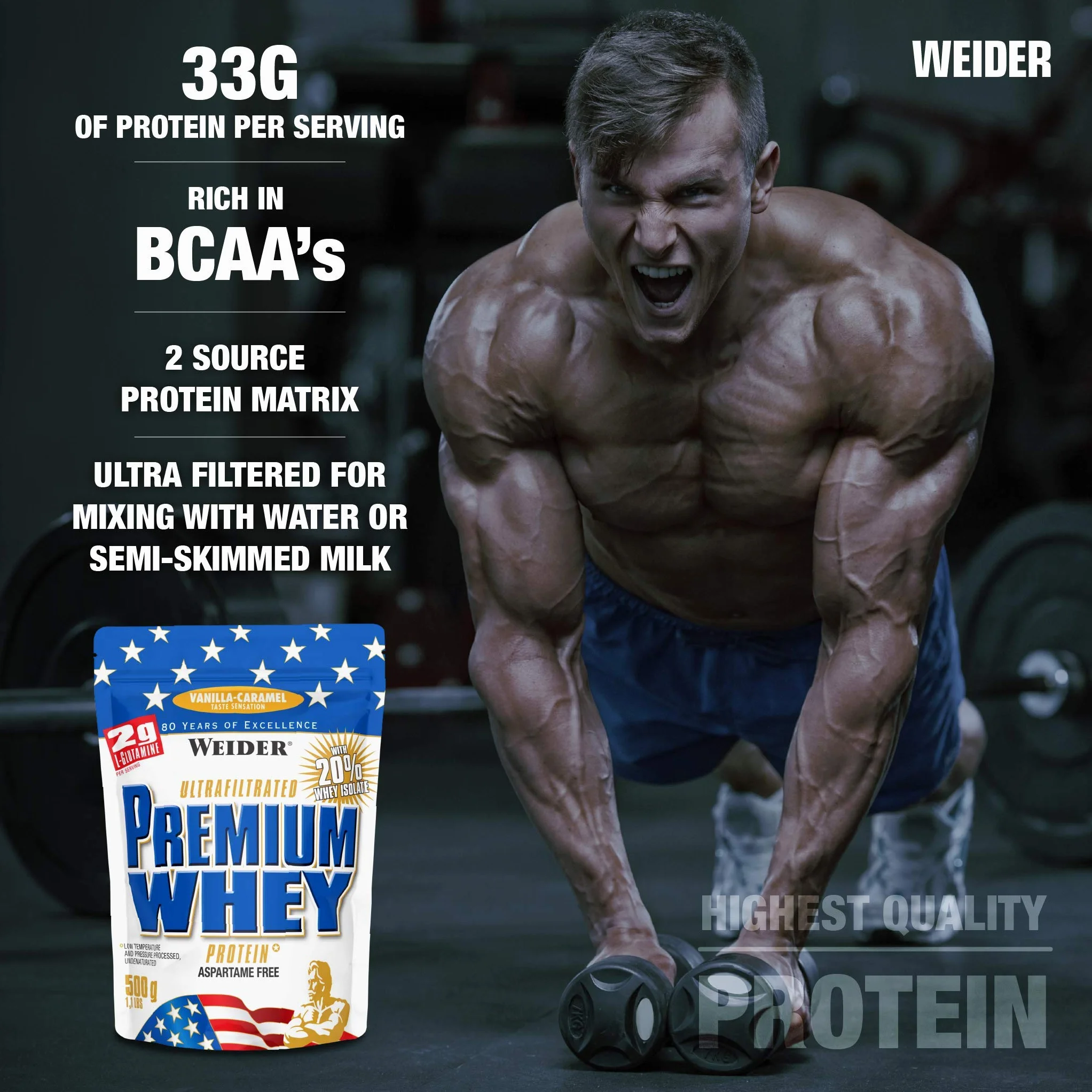Weider Premium Whey Protein. Białko - koncentrat i izolat serwatki. Z L-glutaminą i witaminą B6. Vanilla-Caramel (1 x 500 g).