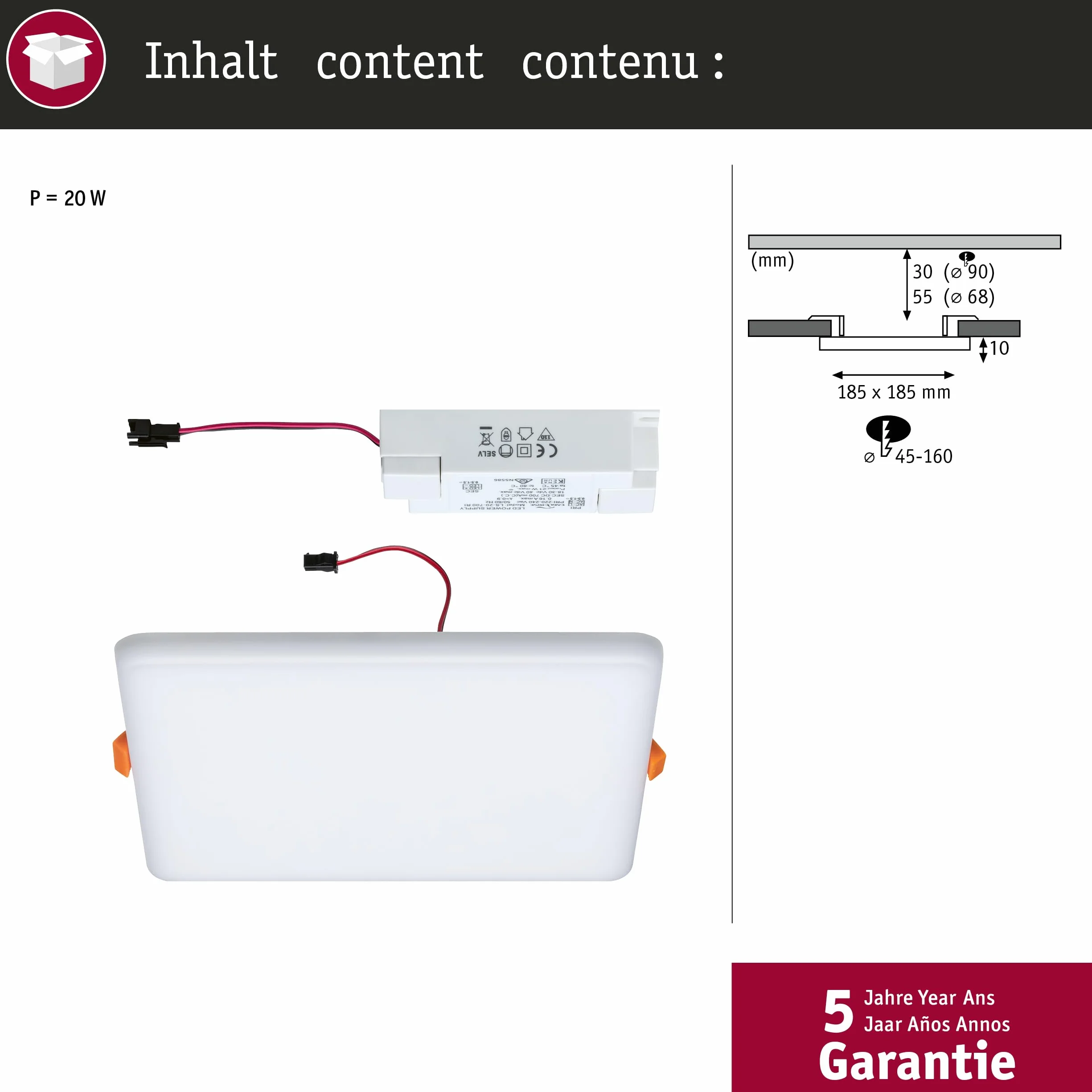 Paulmann 92398 Panel LED, oprawa wpuszczana Veluna VariFit, IP44 185x185mm czworok., w kompl. oprawa sufitowa 1x17,5 W satyn. tworzywo sztuczne 4000 K