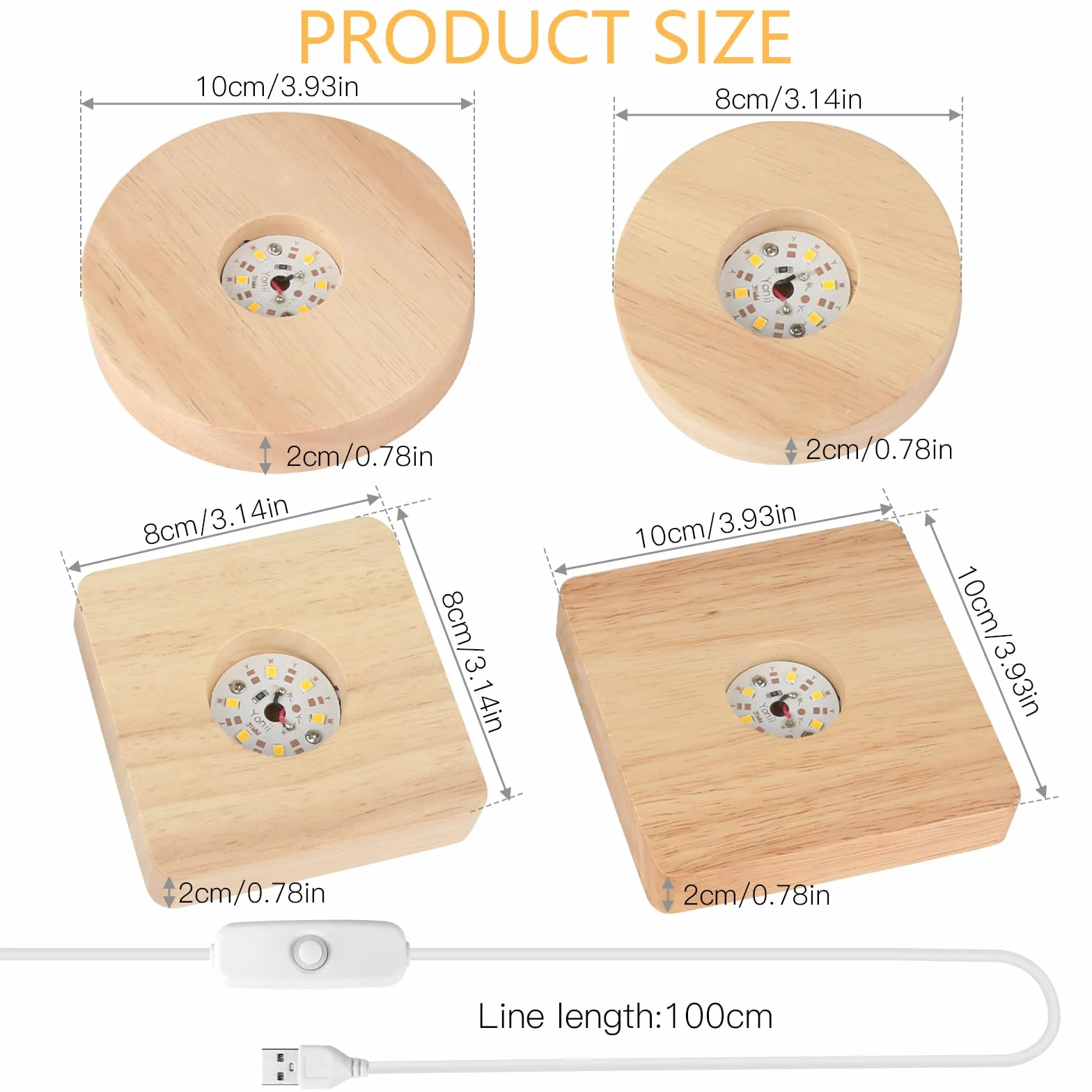 Cokół LED, 4 sztuki, drewniany, kwadratowy/okrągły cokół LED do szkła akrylowego, cokół świetlny z kablem USB do kryształowej kuli, szkła, akrylu (ciepłe światło)