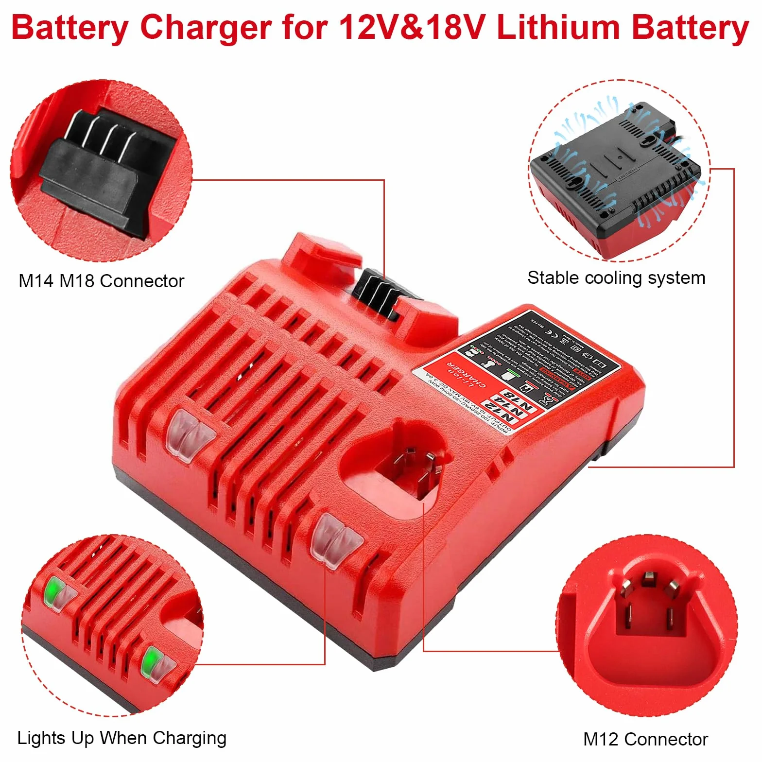 QUPERR Szybka ładowarka 3 A M12 & M18, kompatybilna z Milwaukee 12 V 18 V akumulator litowo-jonowy M12 3 Ah M12 4 Ah M12 5 Ah M12 6 Ah M18 3 Ah M18 4 Ah M18 5 Ah M18 6 Ah