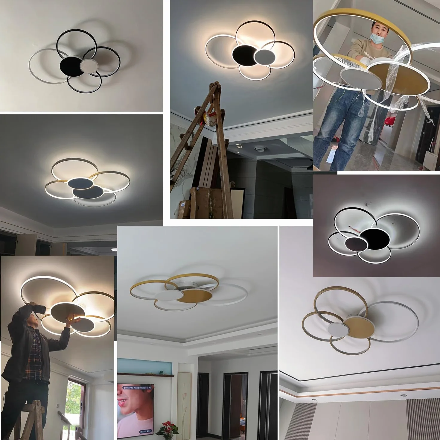 Ściemnialna lampa sufitowa LED Salon Nowoczesne oświetlenie sufitowe Kreatywna 6-pierścieniowa lampa sufitowa z pilotem Oświetlenie wnętrza Sypialnia Jadalnia Kuchnia Lampa (Czerń & Biały, 80cm)