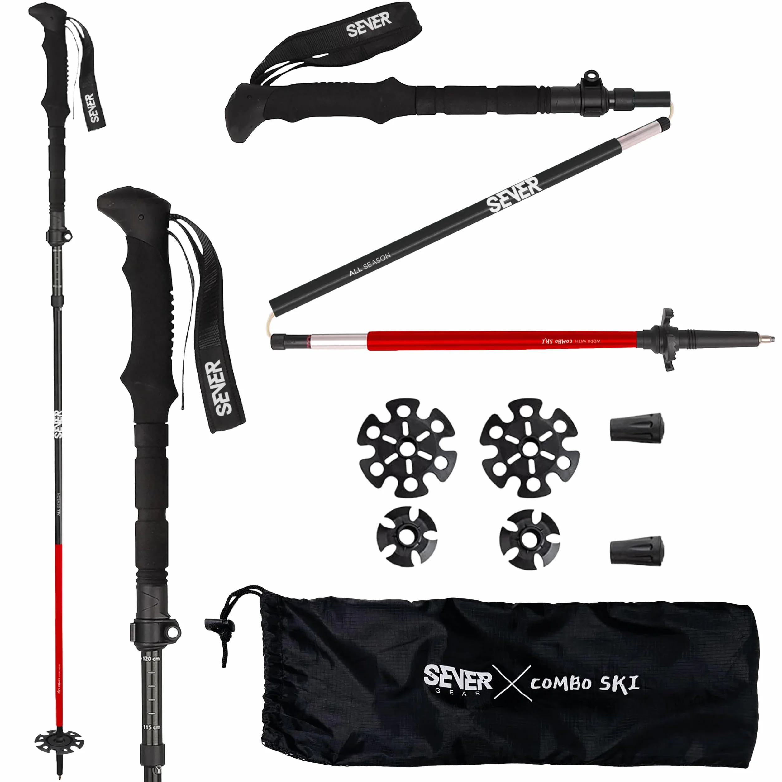 Nordic składane kijki trekkingowe, aluminiowe kijki z regulacją długości do 145 cm i lekkie, 3 końcówki na zimowe i letnie wycieczki
