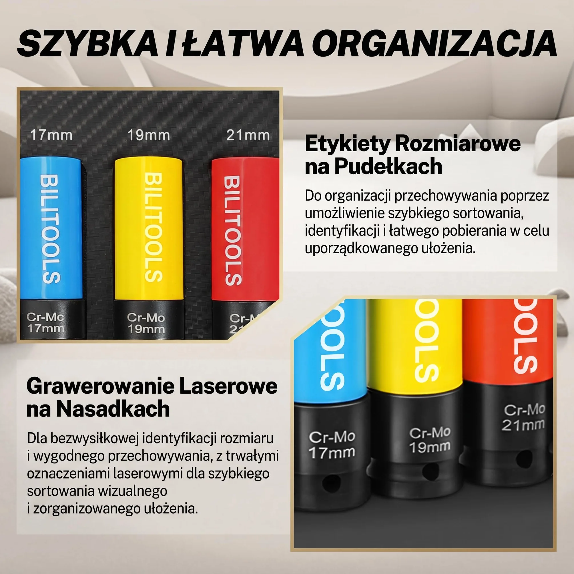 BILITOOLS 1/5.1 cm zestaw nasadek nasadowych z nasadką udarową, 15 17 19 21 22 mm niebrudzące się cienkie koło ścienne osłona nakrętki nasadowej