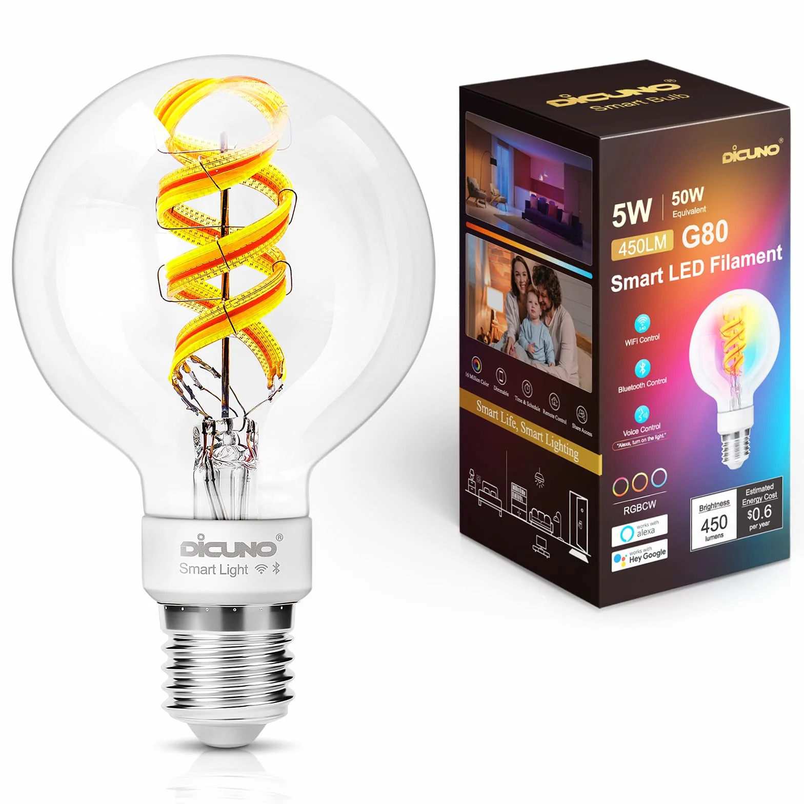 DiCUNO Żarówka Smart Vintage E27, 5 W, filament G80 Edison, inteligentna żarówka LED, 450 lm, RGBCCT ściemniana 2700-6500 K, sterowanie za pomocą aplikacji, kompatybilna z Alexa, Echo Dot, Google