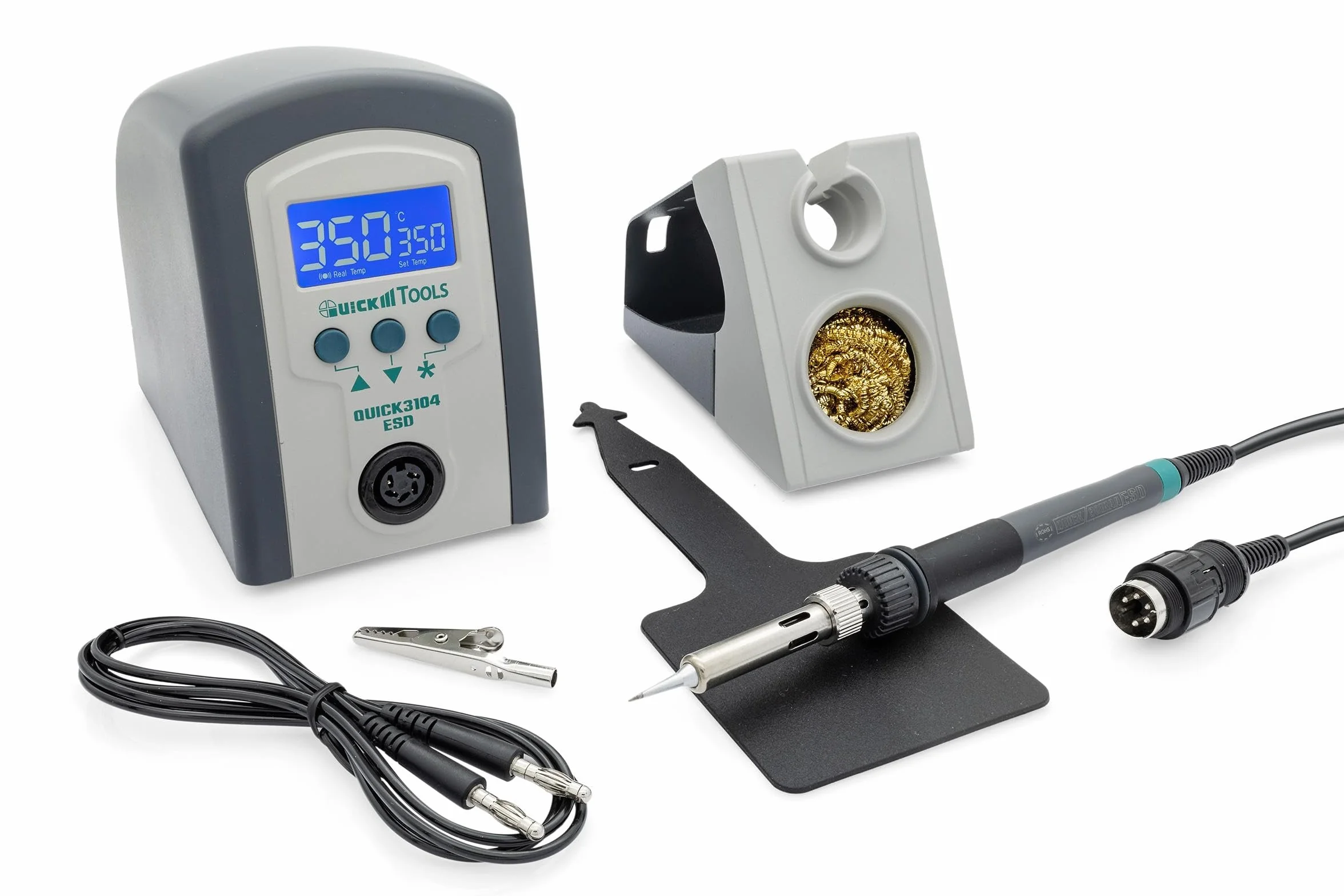 QUICK 3104 cyfrowa stacja lutownicza ESD 80 W z lutownicą z końcówką lutowniczą 2 mm i akcesoriami – kalibracja 100° – 450°C – ochrona ESD