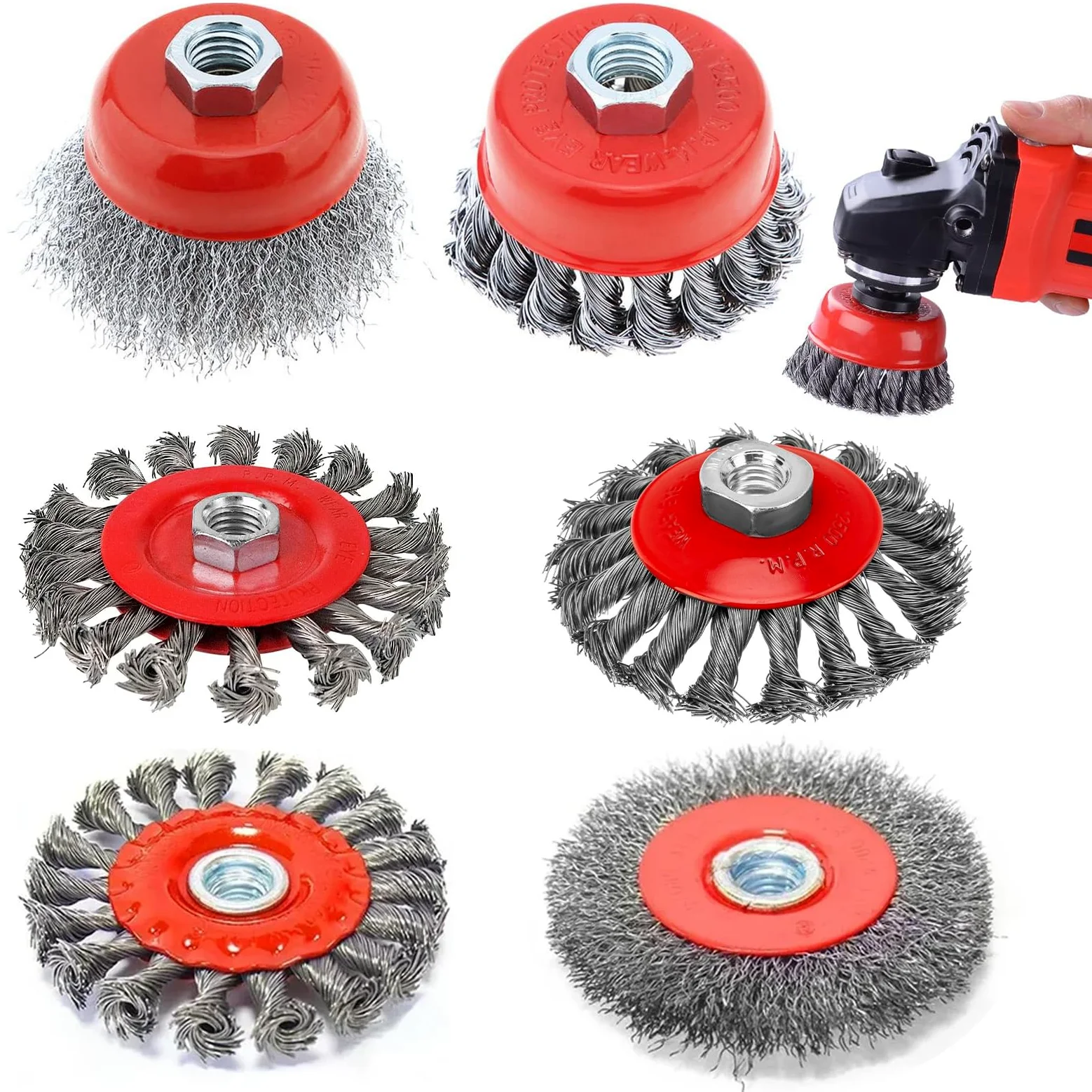 PORFOYO Szczotka druciana Flex Zestaw: 6 szczotek drucianych do szlifierek kątowych, M14, 75 mm i 100 mm, stal nierdzewna, elastyczna, do garnków, metalu, drewna i kamienia