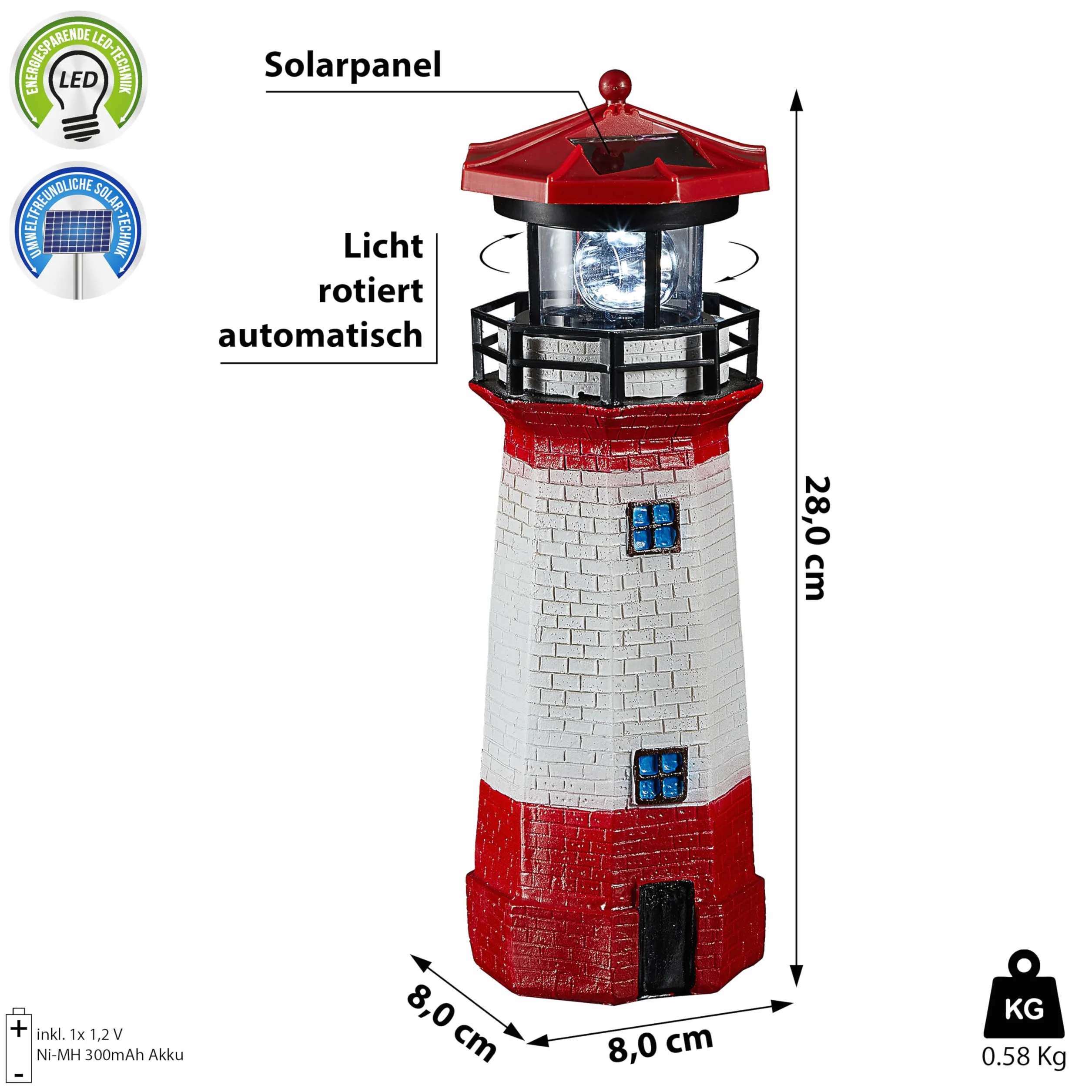 Cepewa Latarnia solarna LED, wys. 28 cm, czerwono-biała, dekoracja ogrodowa, latarnia morska, wieża, oświetlenie solarne (1 x solarna latarnia LED wys. 28 cm)