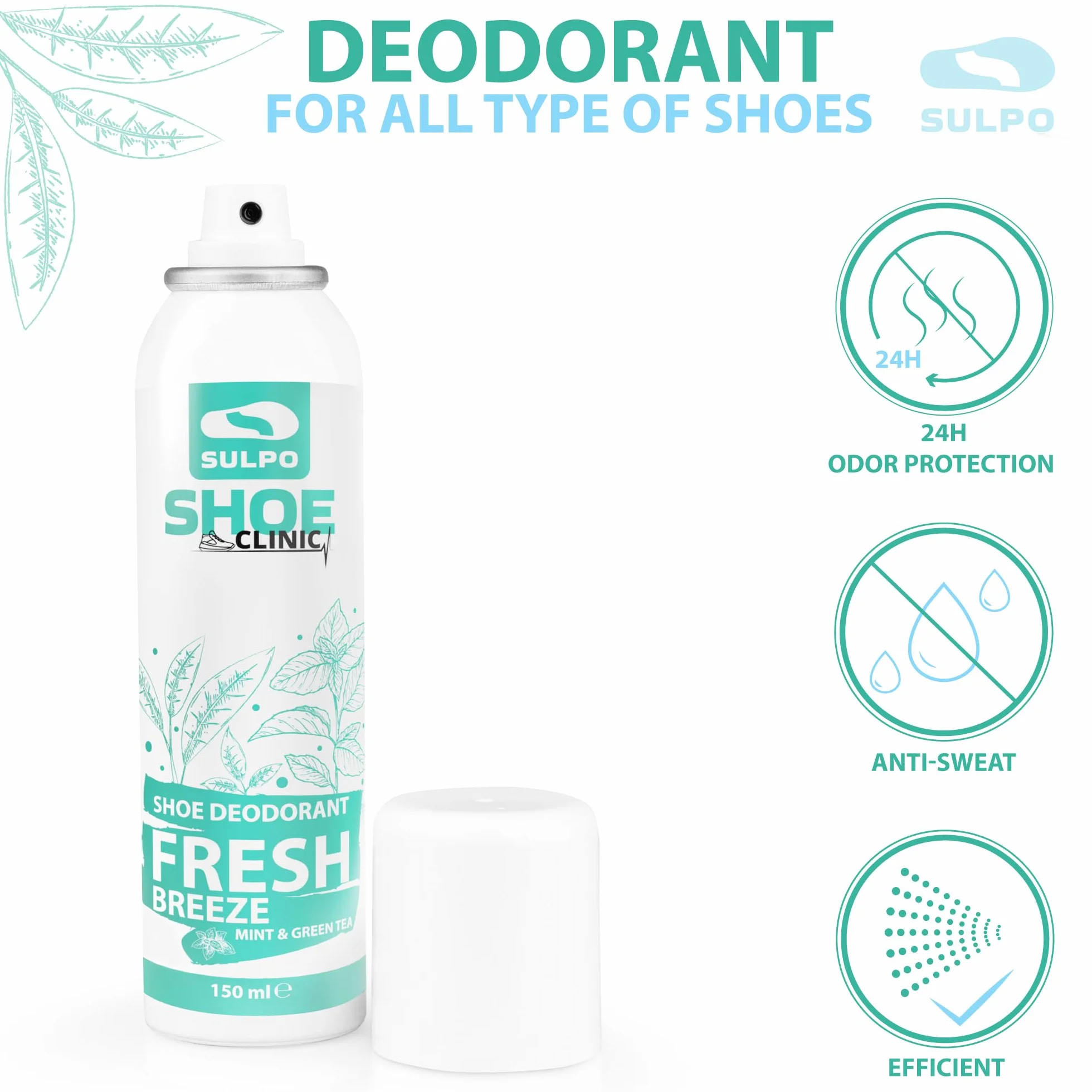 SULPO Shoe Clinic dezodorant do butów - przeciw nieprzyjemnemu zapachowi - spray do butów odor stop - odświeżający spray do usuwania zapachu z butów - mięta i zielona herbata 150ml