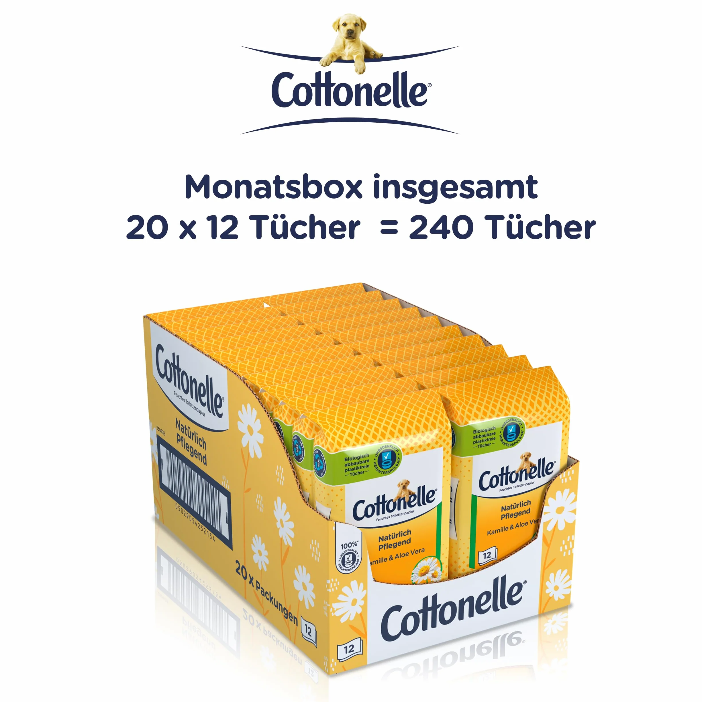 Cottonelle Wilgotny papier toaletowy do podróży, naturalnie pielęgnujący – rumianek i aloes, szybkie rozpuszczanie, 20 x 12 ściereczek, biodegradowalny