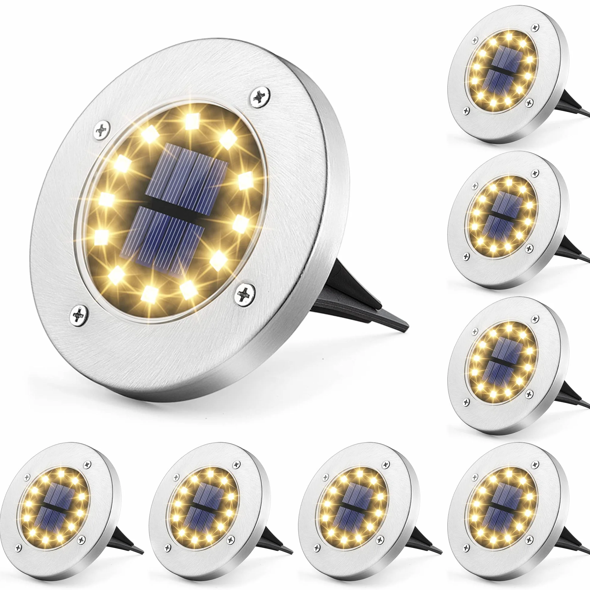 Solpex Zestaw 8 sztuk solarnych lamp gruntowych do ogrodu, 12 diod LED, Ciepła biel, ze stali nierdzewnej, wodoszczelne, na taras, trawnik, podwórko, chodnik