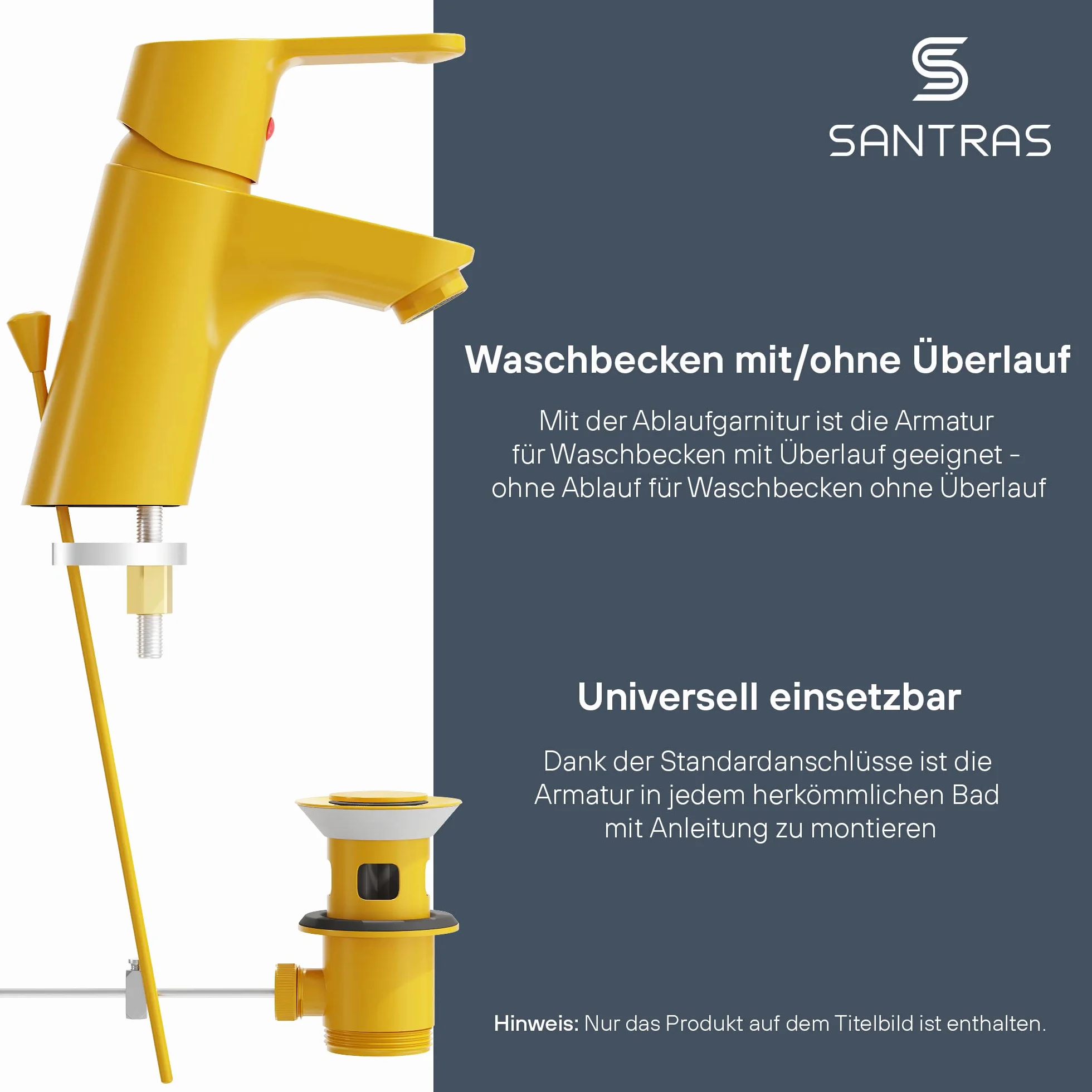 SANTRAS® Bateria umywalkowa do łazienki z mimośrodowym zestawem odpływowym i drążkiem w kolorze żółtym - jednouchwytowa bateria mieszająca ciepła zimna do otworu umywalka kran MADE IN GERMANY