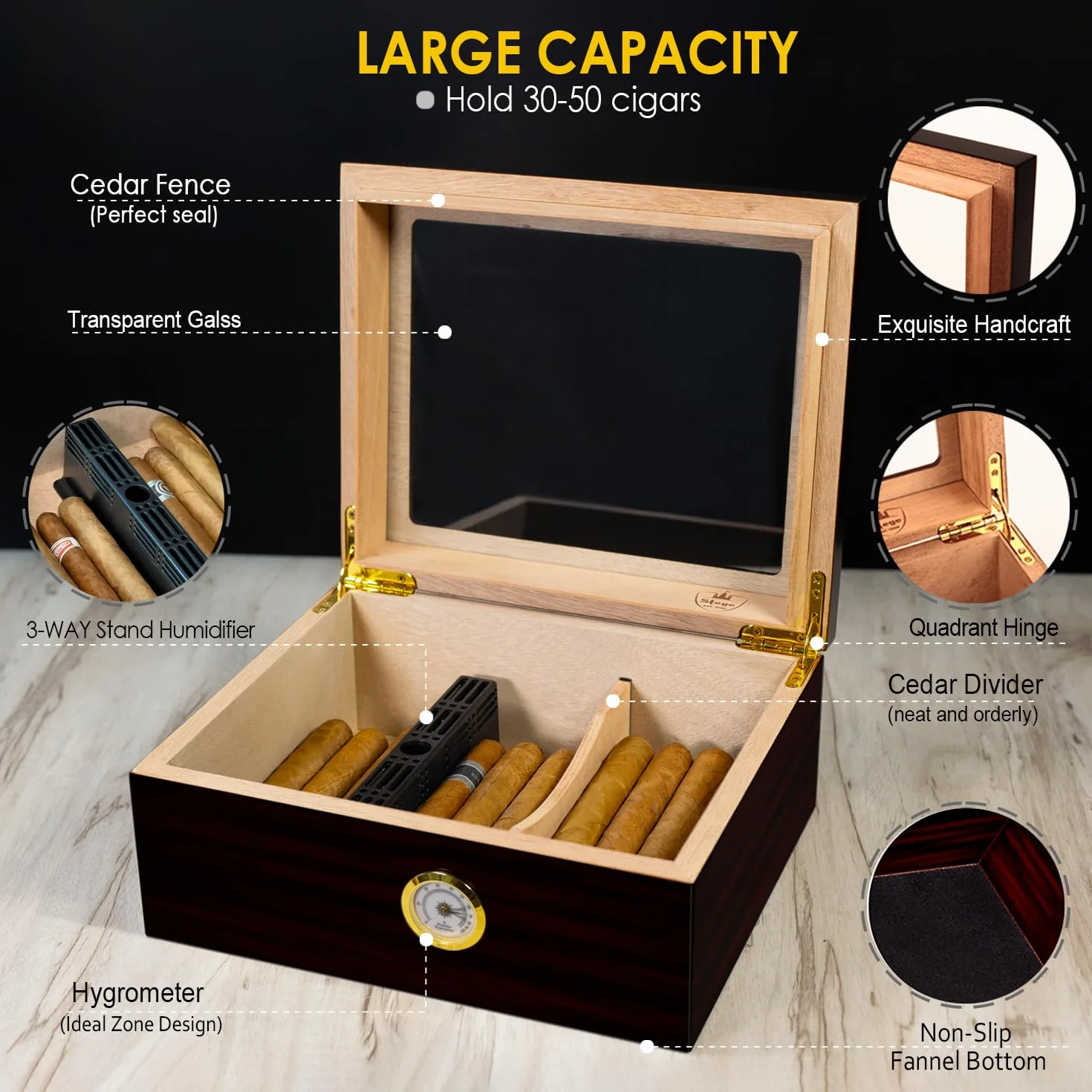 Humidor do Cygar Ręcznie Wykonany Hiszpania rdzeń cedrowy Nawilżacz Rozdzielacz Higrometr Czarny 30-50 cygar