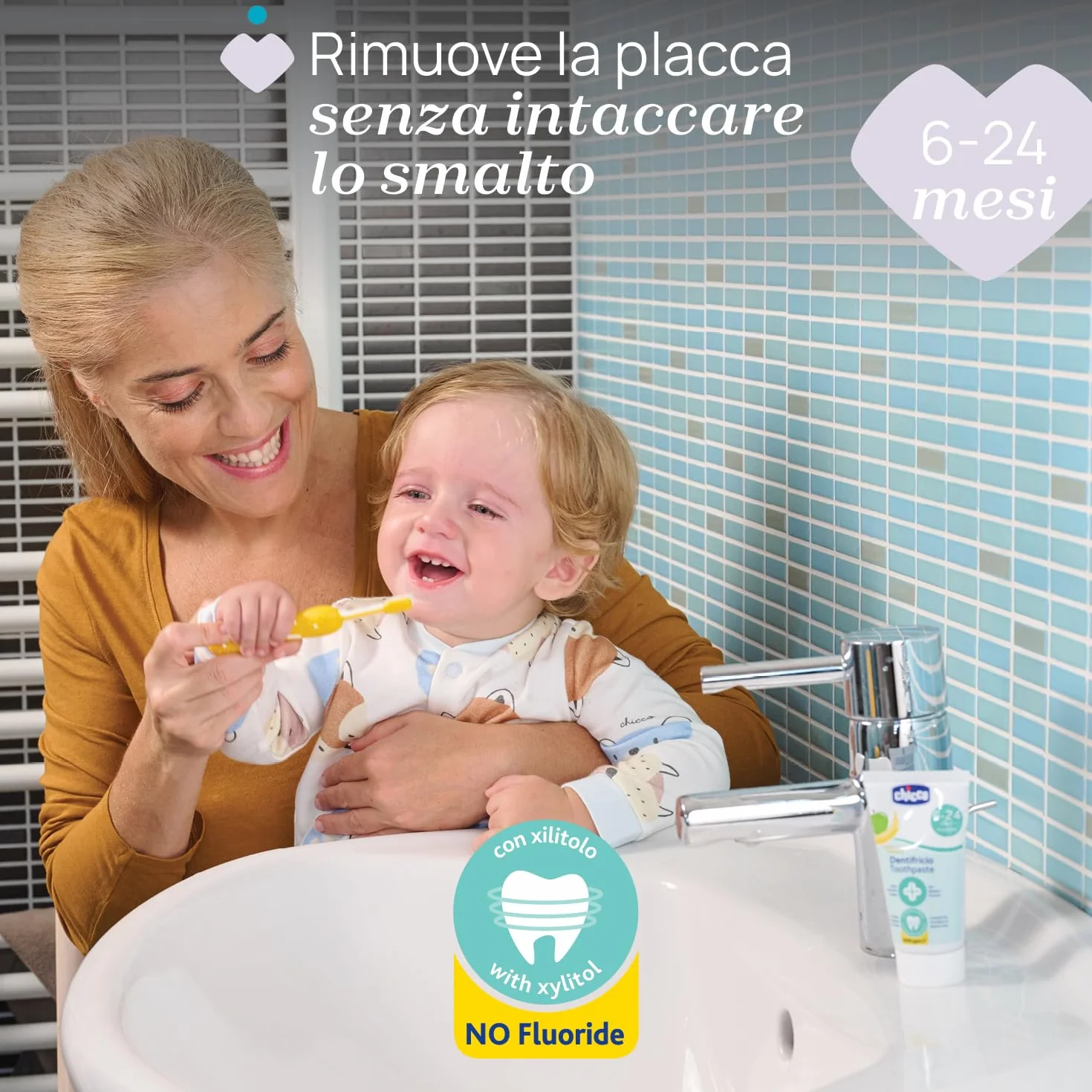 Chicco Pasta do Zębów dla Dzieci Jabłkowo-Bananowa, o Niskiej Ścieralności, Pomaga Zapobiegać Próchnicy Zębów i Usuwać Płytkę Nazębną - 50 ml, 6-24 miesiące