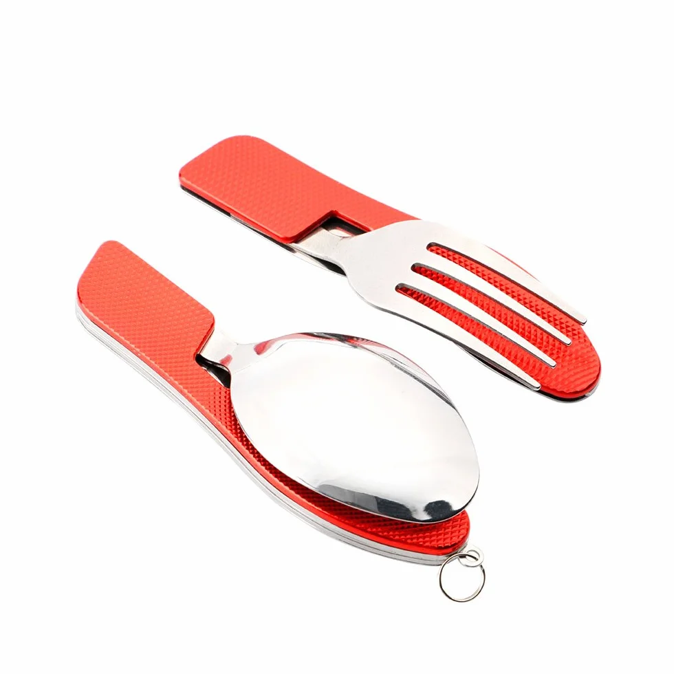 2 szt. Premium sztućce kempingowe 4 w 1, składane sztućce 4 w 1, stal nierdzewna zestaw sztućców kempingowych outdoor, zestaw nóż widelec łyżka otwieracz do butelek (czerwony)