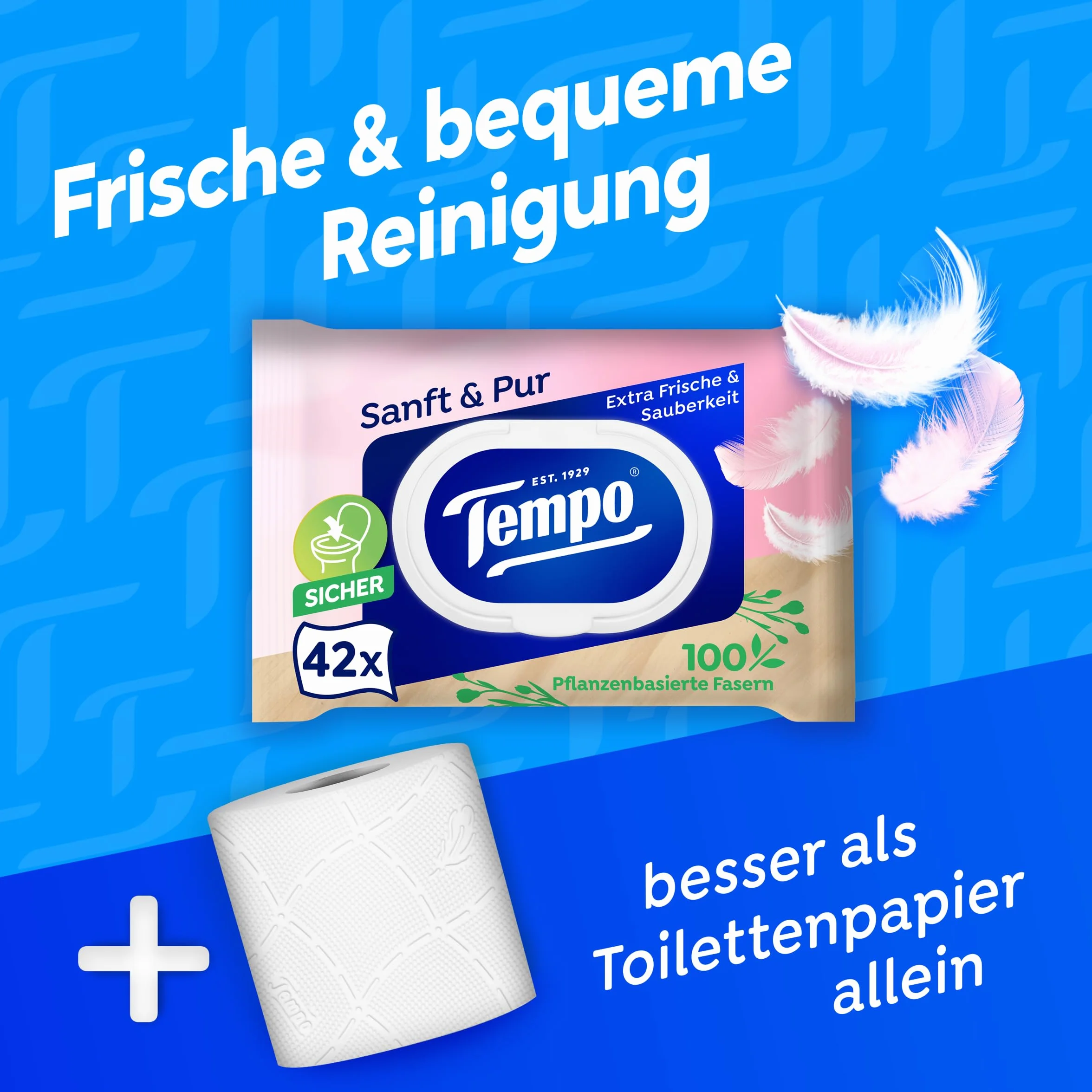 Tempo Wilgotne ściereczki toaletowe "Soft & Pur" - Megapack - 16 opakowań po 42 ściereczki - podwójne opakowania - wilgotny papier toaletowy, testowany dermatologicznie i neutralny dla skóry