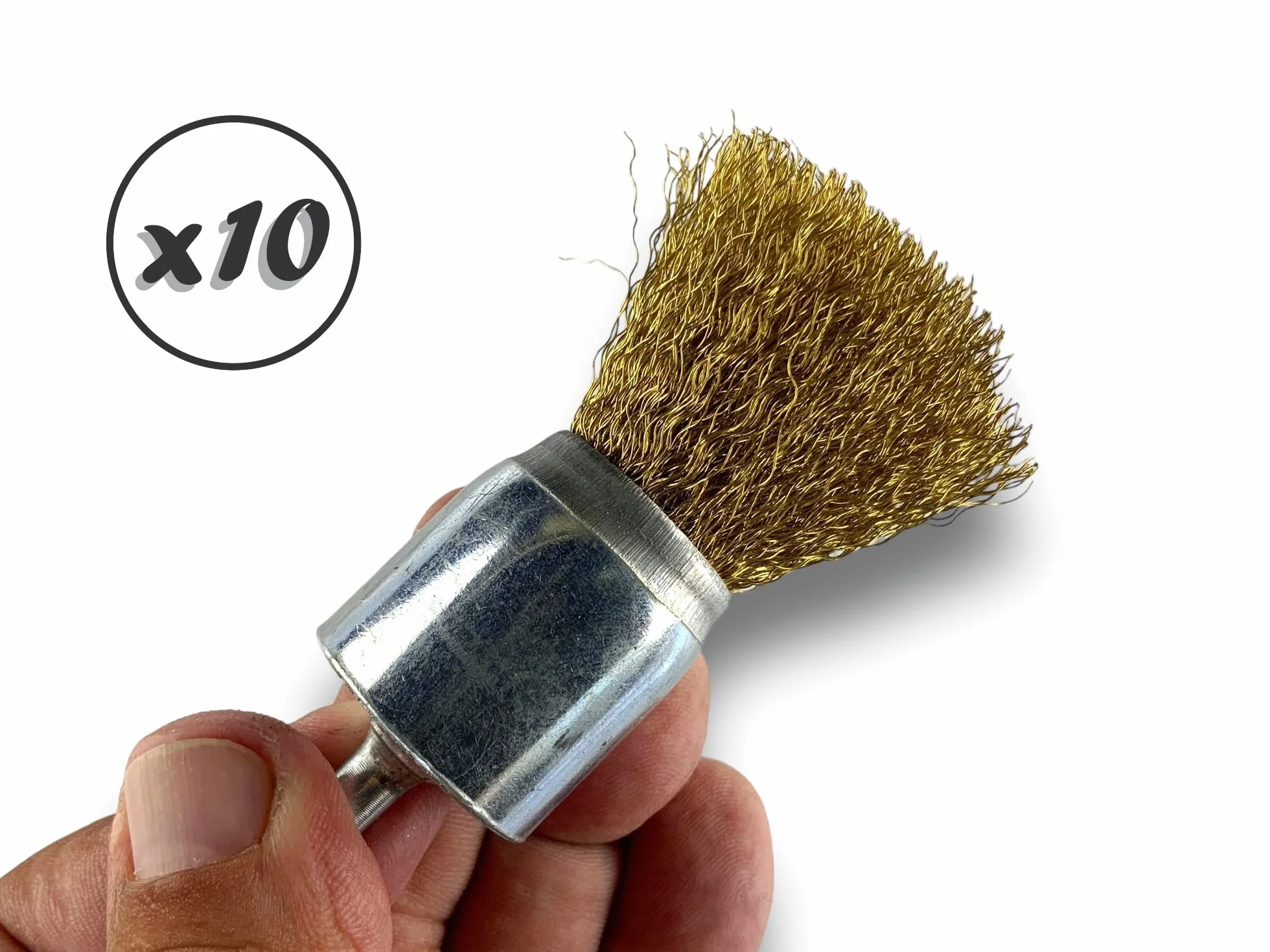 Zestaw 10 metalowych szczoteczek obrotowych z końcówką Ø 28 mm | Kształt pędzla na trzonku Ø 6 mm | Drut LAITON Ø 0,20 mm miękki | Do wiertarki lub wkrętarki z uchwytem | Szczotkowanie i zdejmowanie |