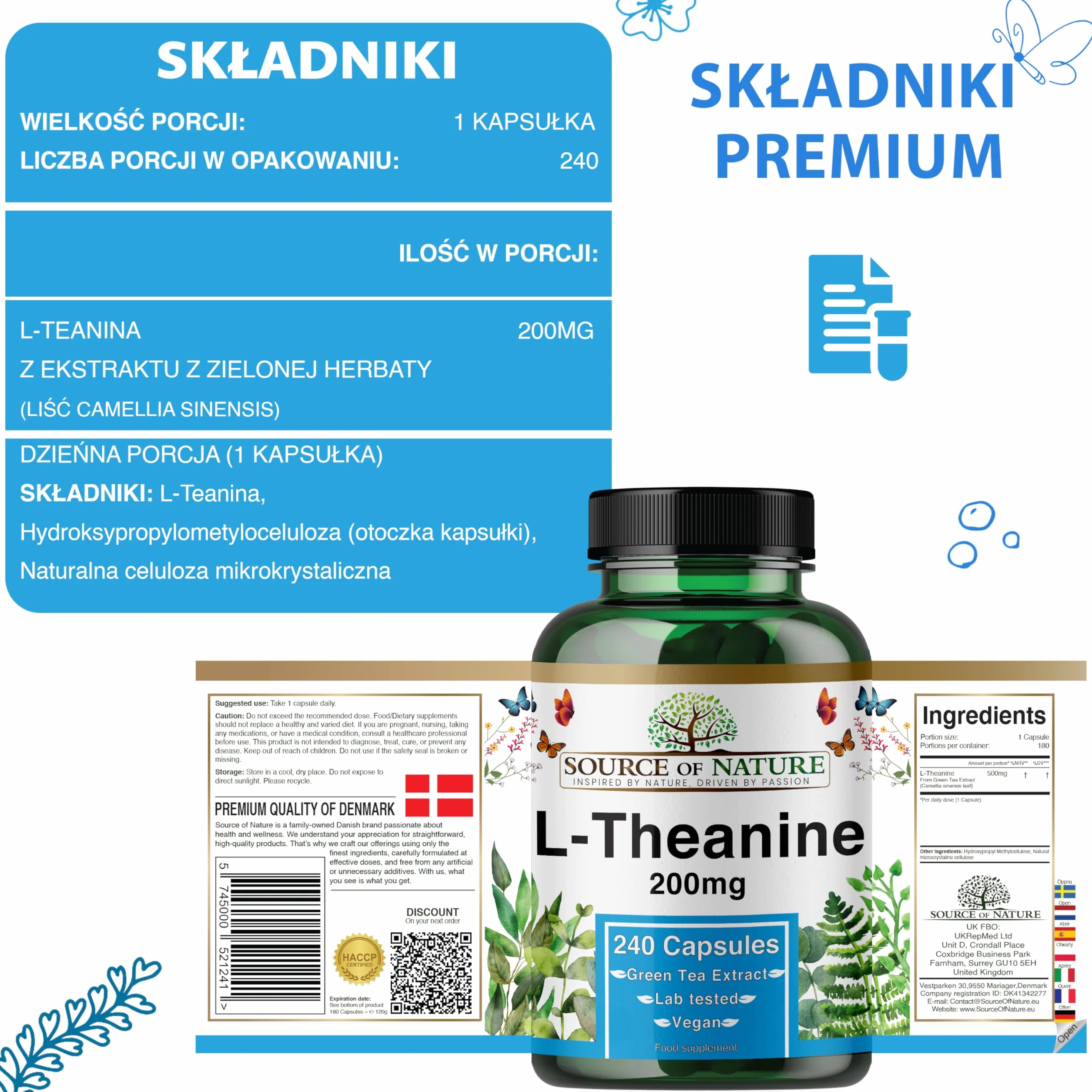 L-Teanina 200 mg – 240 Kapsułek Wegetariańskich – Aminokwas o Wysokiej Mocy z Zielonej Herbaty | Zapas na 8 Miesięcy | 98% Czystości, Bez Dodatków | Wyprodukowano w Danii