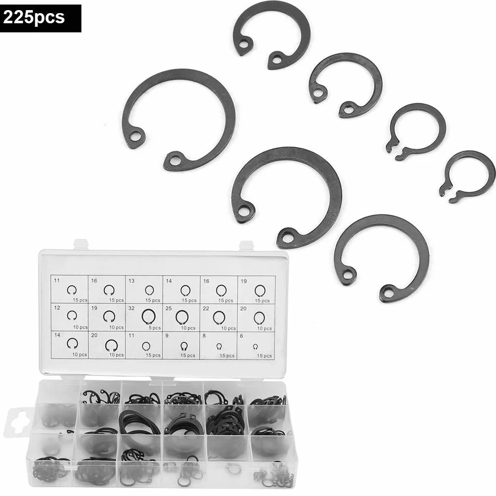 225 szt. C-Clip Snap Ring Shop Asortyment 18 rozmiarów wewnętrzny i zewnętrzny metalowy pierścień zabezpieczający zatrzask asortyment spinek zabezpieczających z pudełkiem.