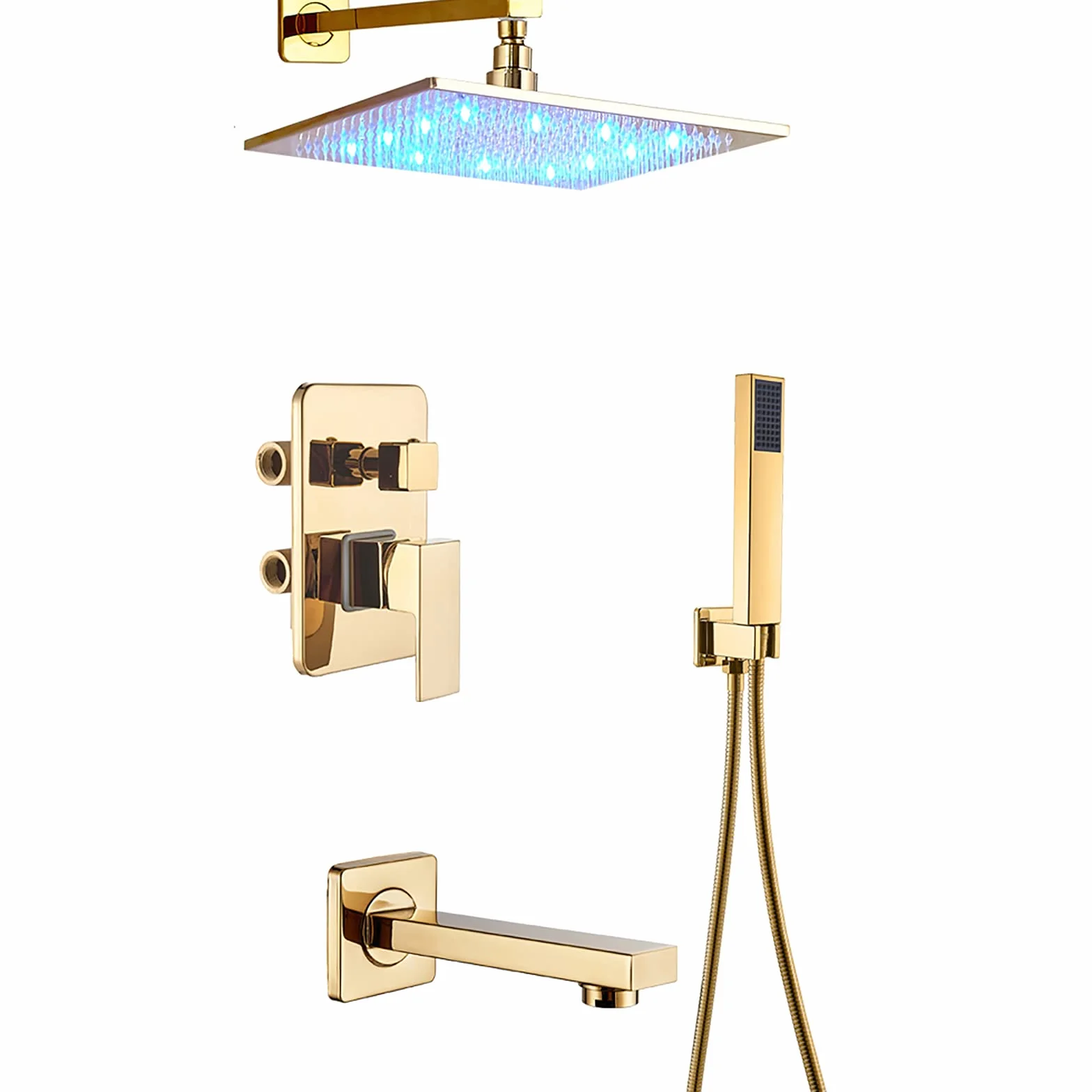 System prysznicowy LED z wylewką wannową, deszczownicą kwadratową i ręcznym zestawem prysznicowym, ściennym zestawem baterii prysznicowej Golden (16 inches)