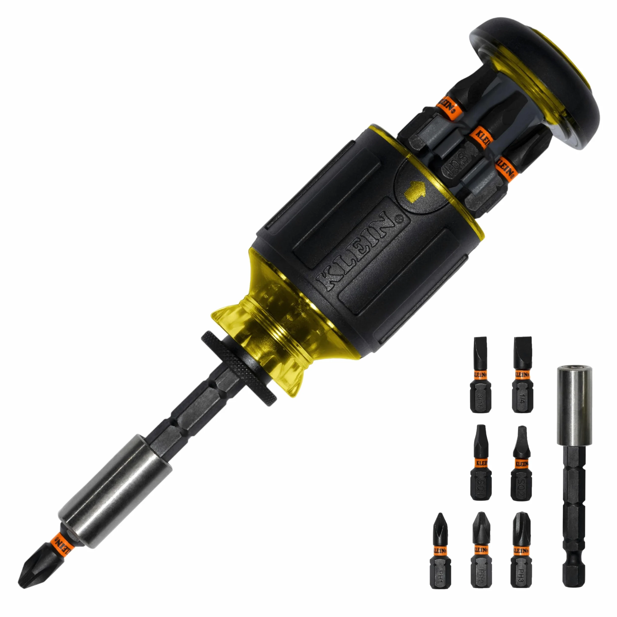 Klein Tools 32308 Wielobitowy, krótki śrubokręt, udarowy, regulowane narzędzie magnetyczne 8 w 1, ze śrubokrętem krzyżakowym, płaskim, kwadratowym i nasadowym