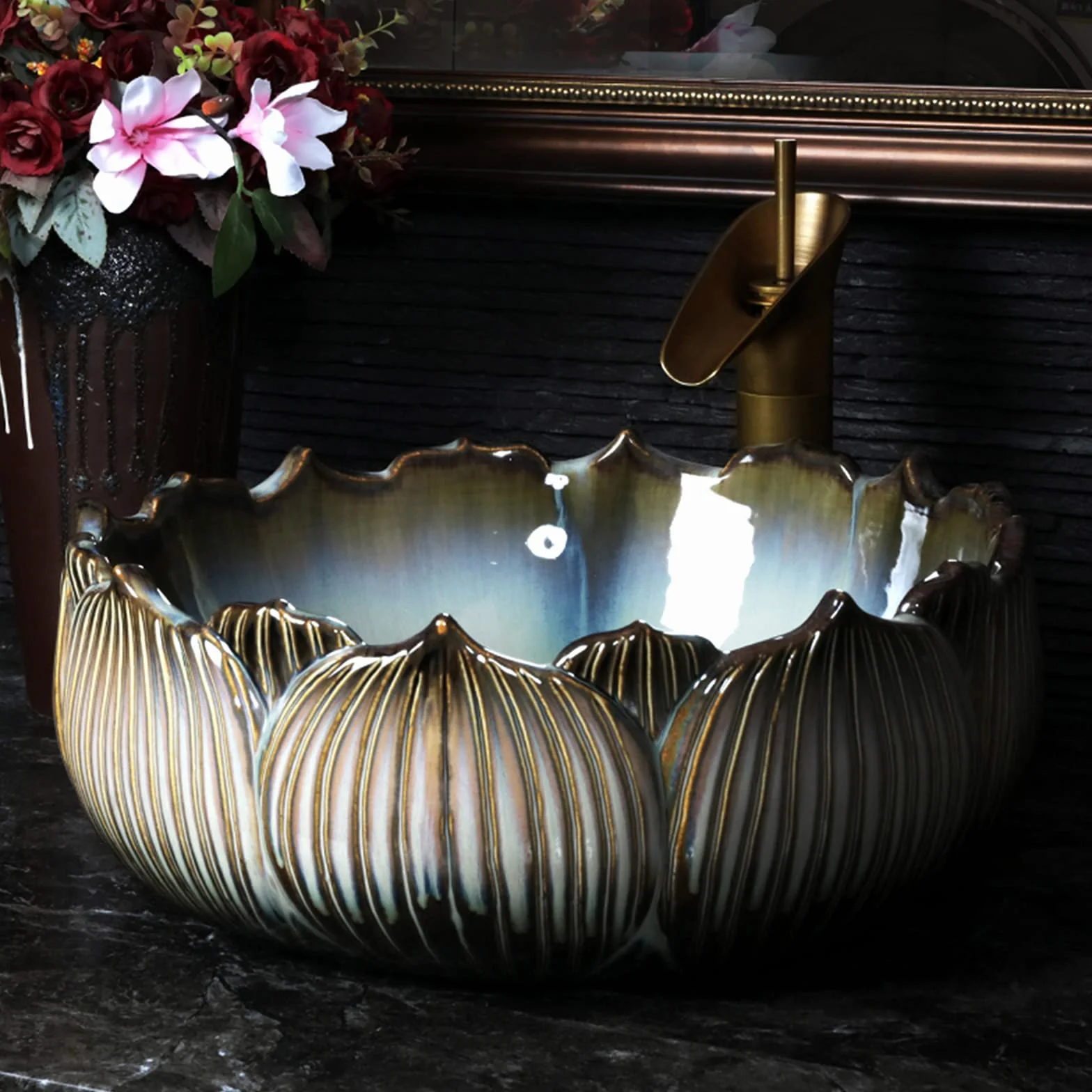 Ceramiczna Umywalka Nablatowa W Kształcie Lotosu, Okrągła Umywalka Nablatowa W Stylu Retro, Umywalka Nablatowa Do Garderoby, Łatwa W Montażu, 41 X 41 X 15 Cm