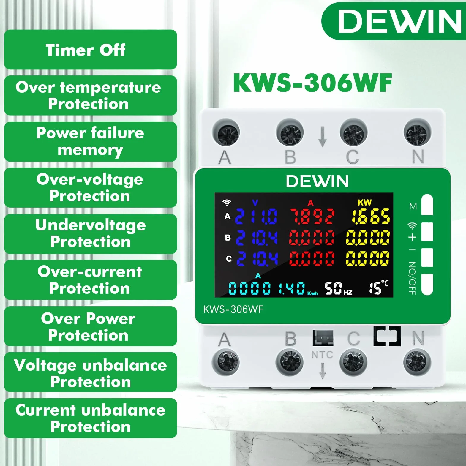 DEWIN Trójfazowy licznik energii elektrycznej Wifi, 9 w 1 Tuya Smart 80A 220VAC Licznik energii elektrycznej Wifi z pomiarem ochrony przed przepięciem, podnapięciem itp.