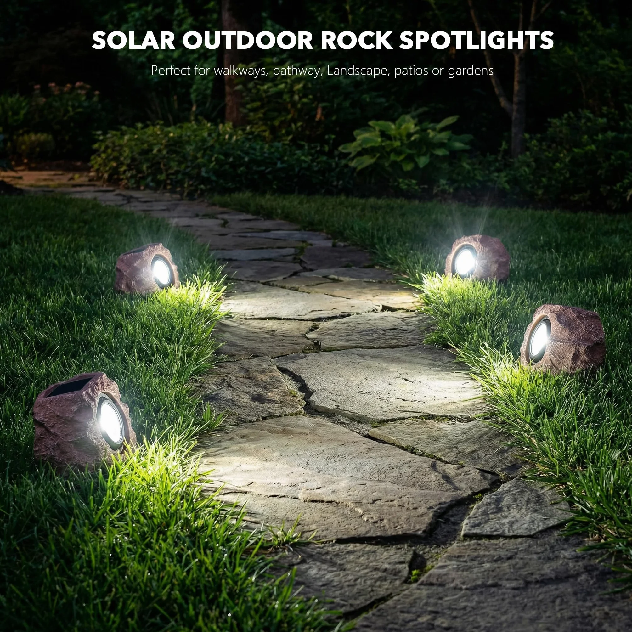 Candieslife Solarne lampy ogrodowe na zewnątrz – IP65 LED wodoodporny reflektor solarny, zasilane energią słoneczną, dekoracyjne lampy ogrodowe z kamienia na ścieżkę, chodnik, podwórko, patio (4