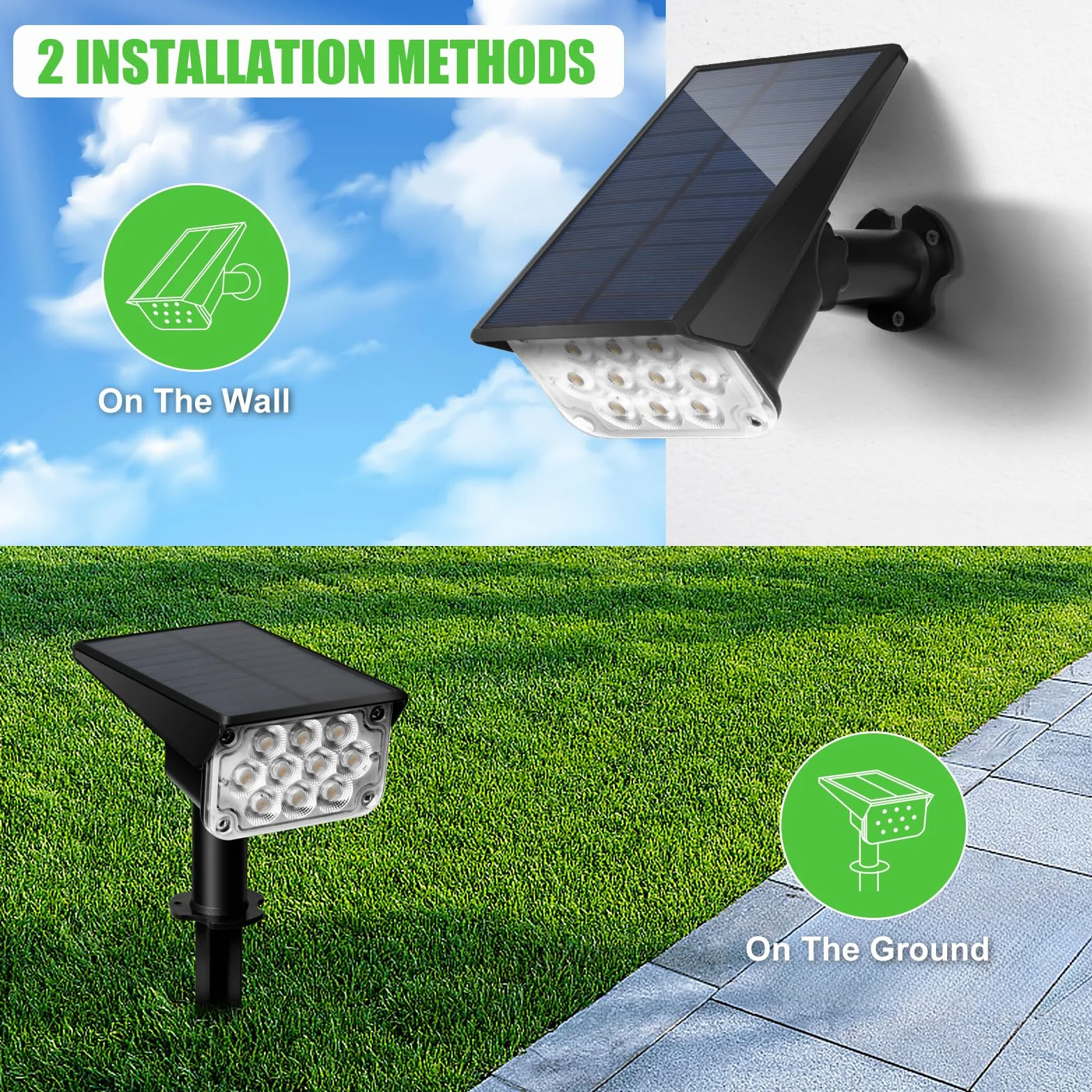 Zewnętrzna lampa solarna LED Oświetlenie punktowe Oświetlenie ogrodowe Ścieżki Projektor Słoneczny Potężny Girlanda Zestaw 2 szt