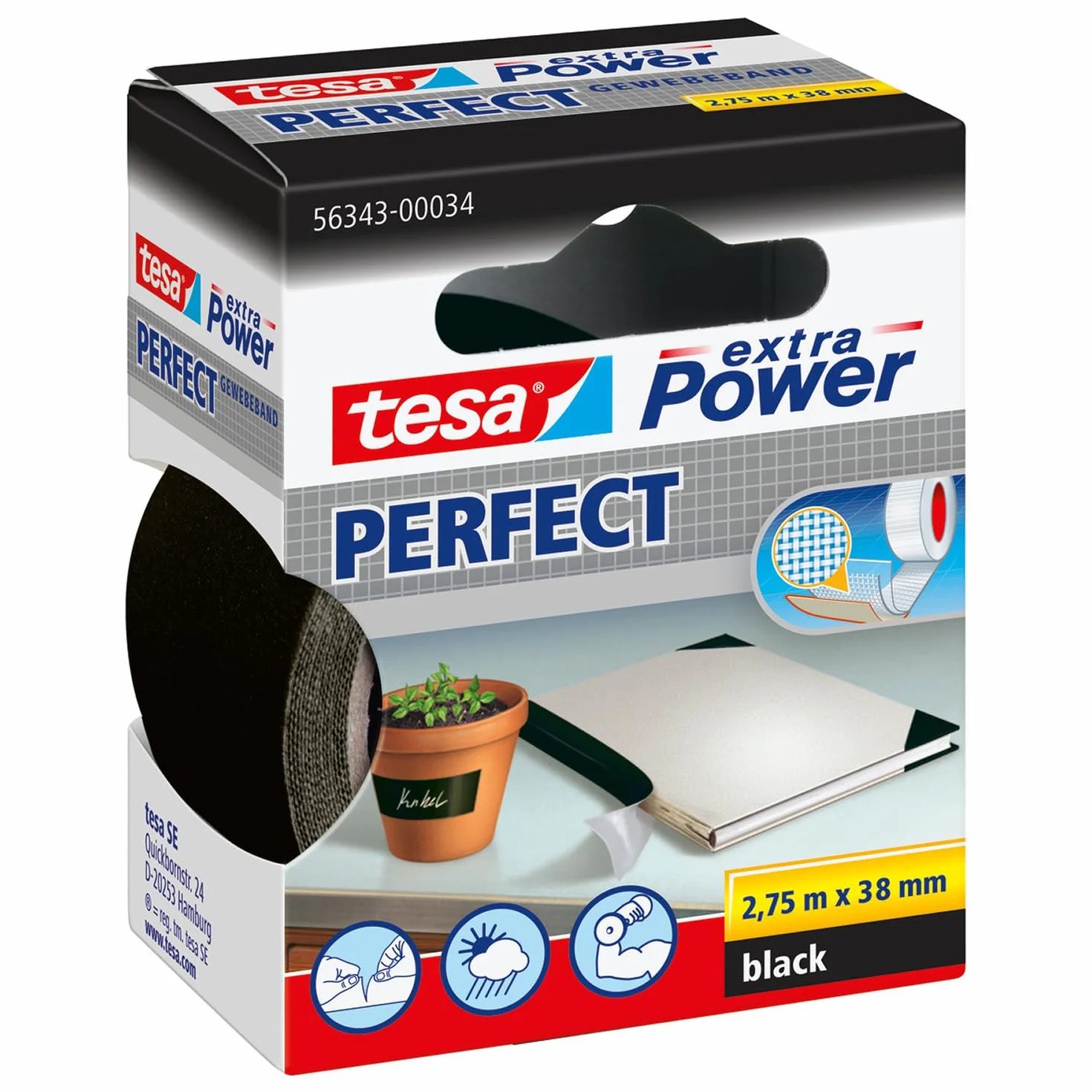 Tesa extra Power Perfect tkaninowa taśma klejąca do majsterkowania – samoprzylepna taśma wzmacniana tkaniną – szeroka gama zastosowań – 2,75 m x 38 mm, czarna