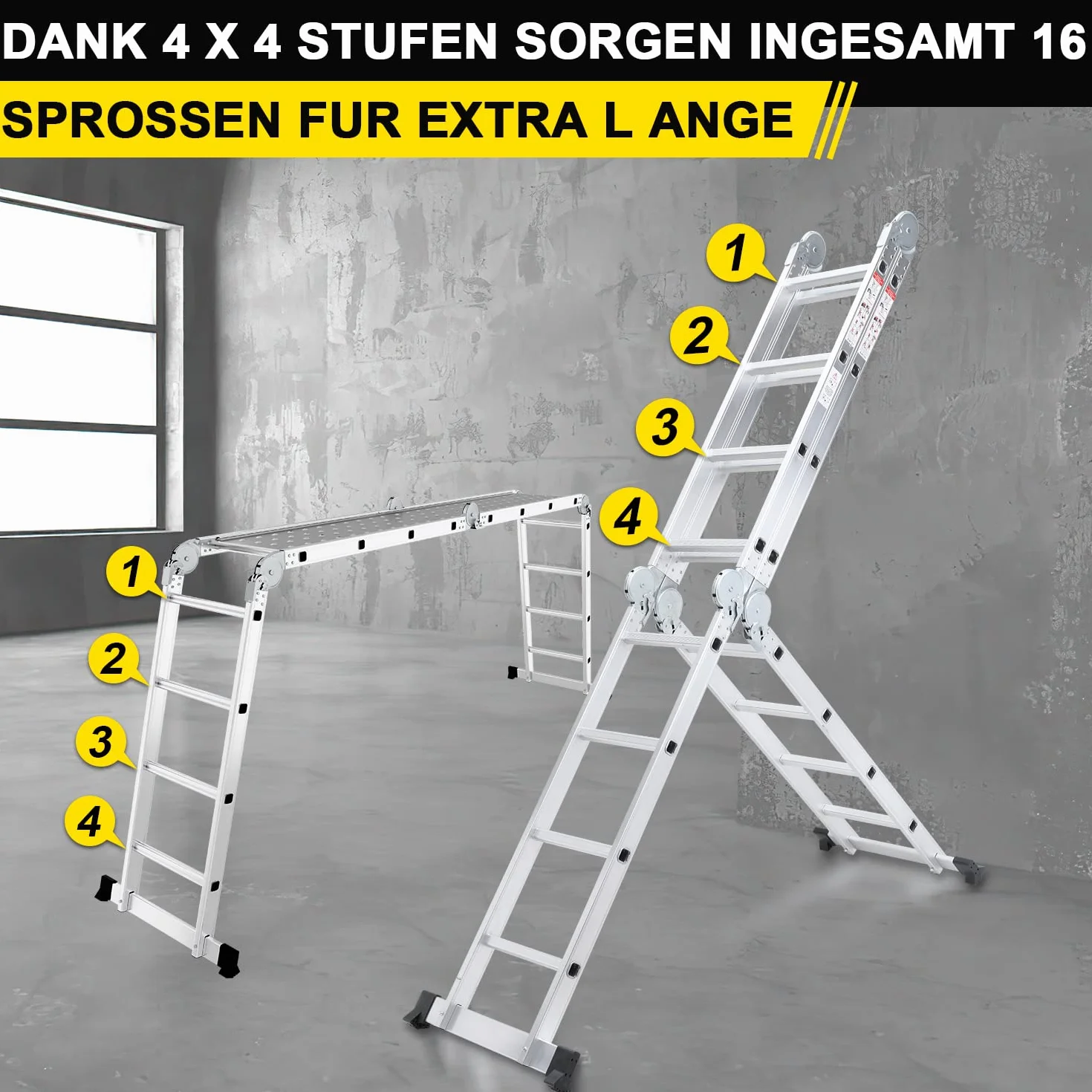Herrselsam Wielofunkcyjna drabina 4 x 4, 7 w 1, 470 cm, aluminiowa, z 2 platformami i kółkami, maksymalne obciążenie 150 kg, drabina wielofunkcyjna 16 szczebli (DY8972-M-1x)
