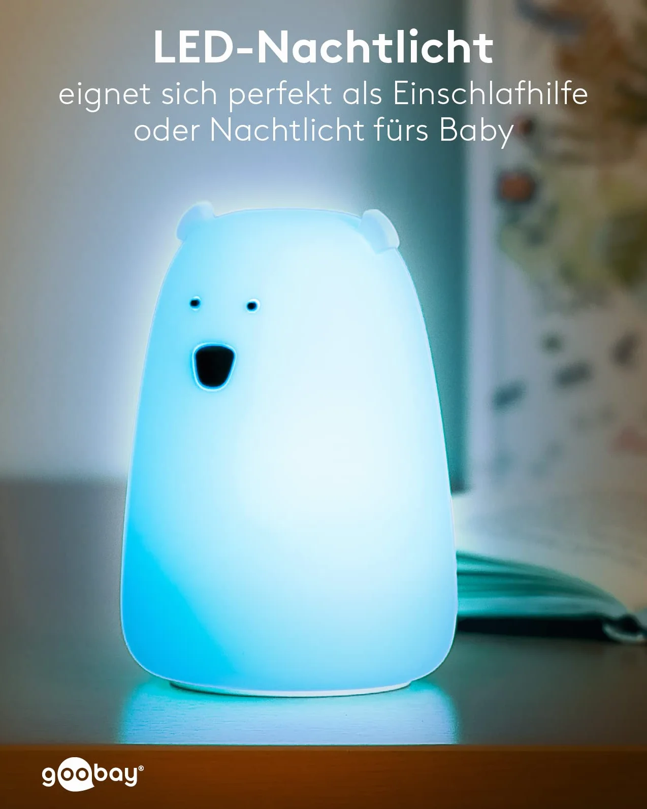 goobay 61647 lampka nocna LED niedźwiedź polarny/nadaje się jako pomoc w zasypianiu, światło do karmienia i pokój dziecięcy, dekoracja/świeci ciepłym białym światłem, 7 zmian kolorów i 3 tryby