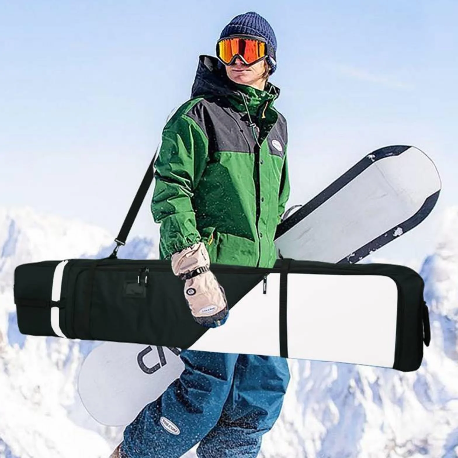 AUMTISC Torba snowboardowa, wyściełana, wytrzymała torba narciarska z wodoodporną podszewką, regulowane paski na ramię, pasuje do desek snowboardowych 155-180 cm, czarna/niebieska