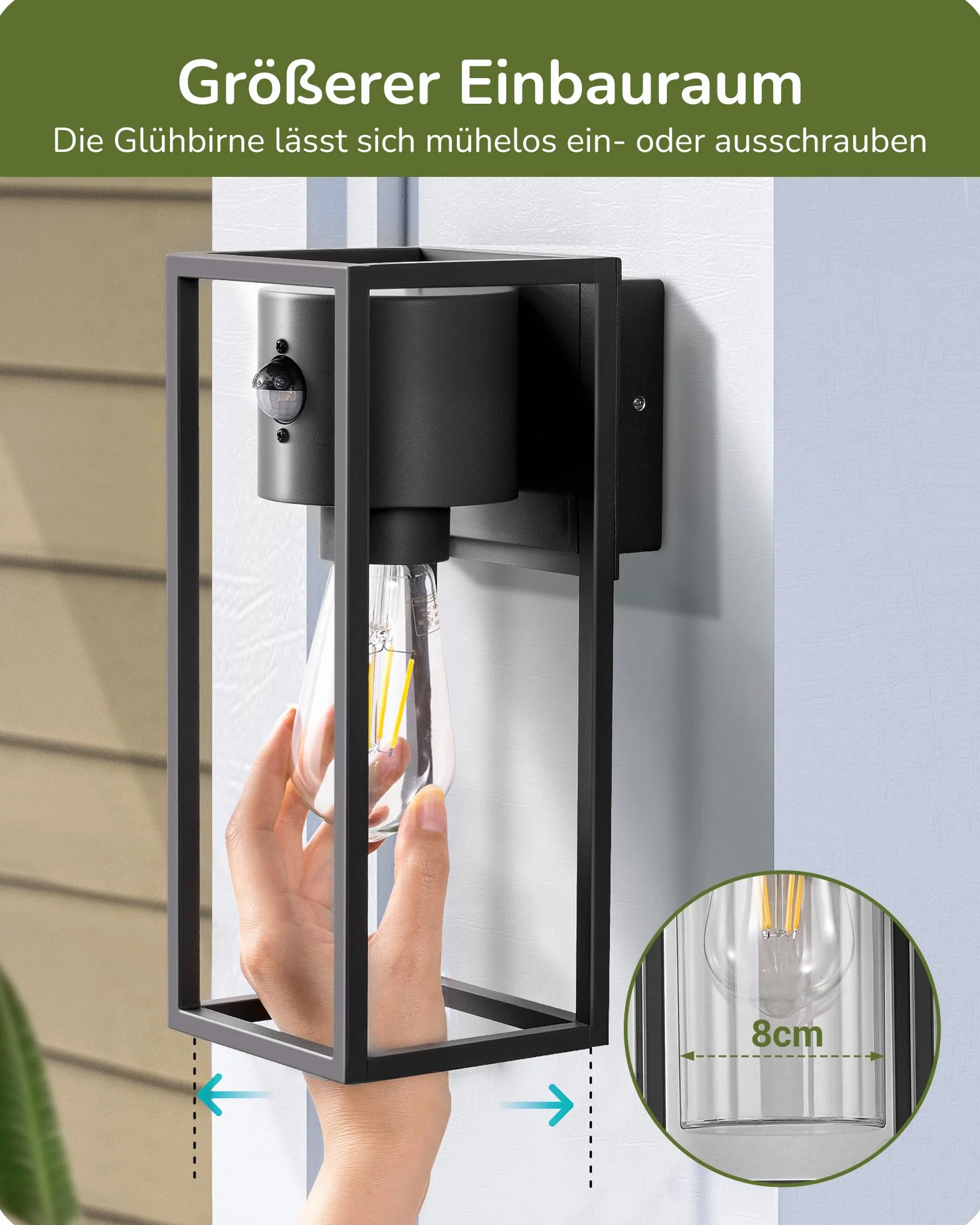 EDISHINE Zewnętrzna lampa ścienna z czujnikiem ruchu, gniazdo E27, wodoodporna IP44, lampa ścienna z aluminium i szkła hartowanego do ogrodu, balkonu, tarasu, frontu, żarówki nie są dołączone, czarna