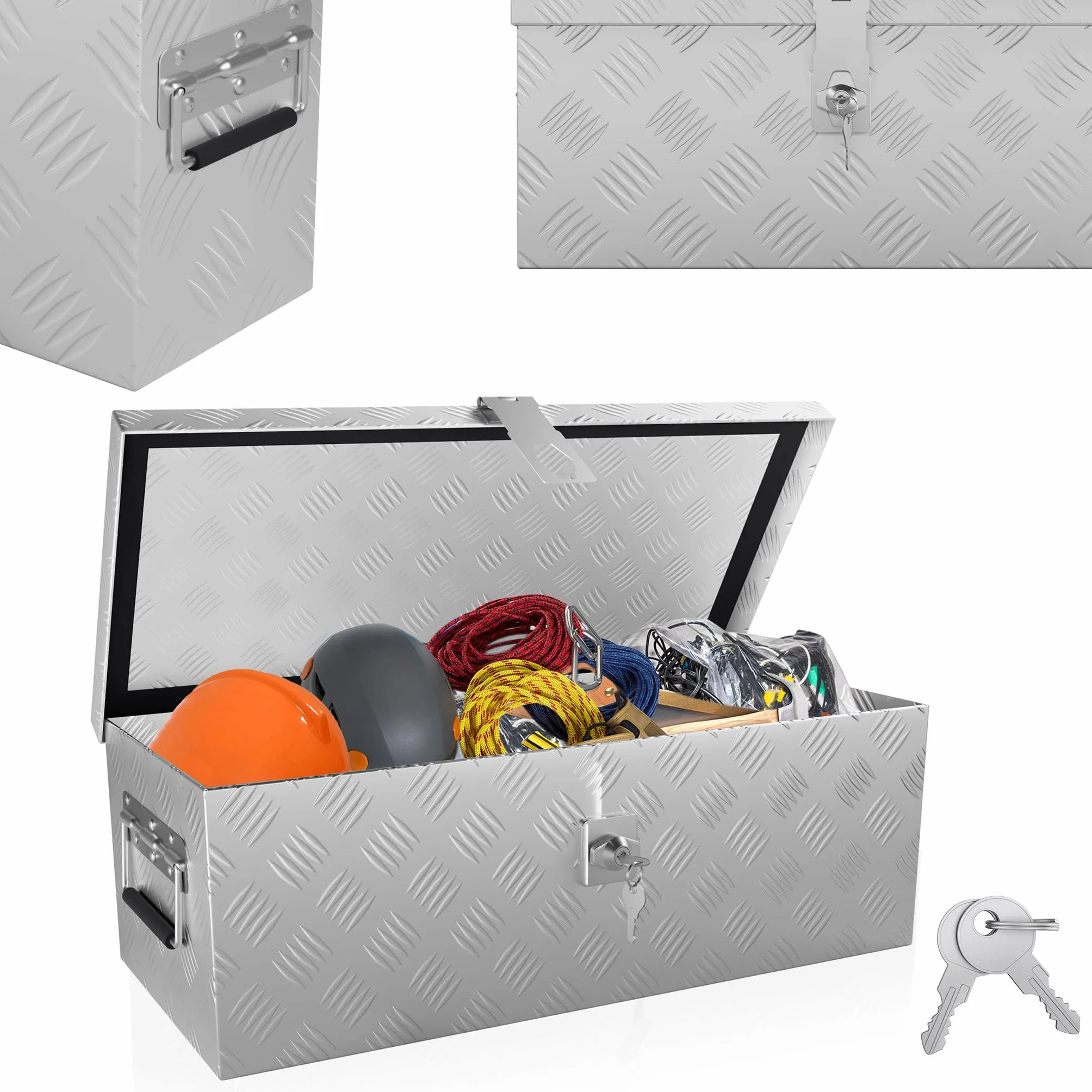 YRHome Aluminiowa skrzynka narzędziowa, skrzynka aluminiowa, do przyczep osobowych, z systemem blokowania, 2 klucze, odporna na uderzenia, wodoszczelna, srebrna, 60 x 26 x 20 cm