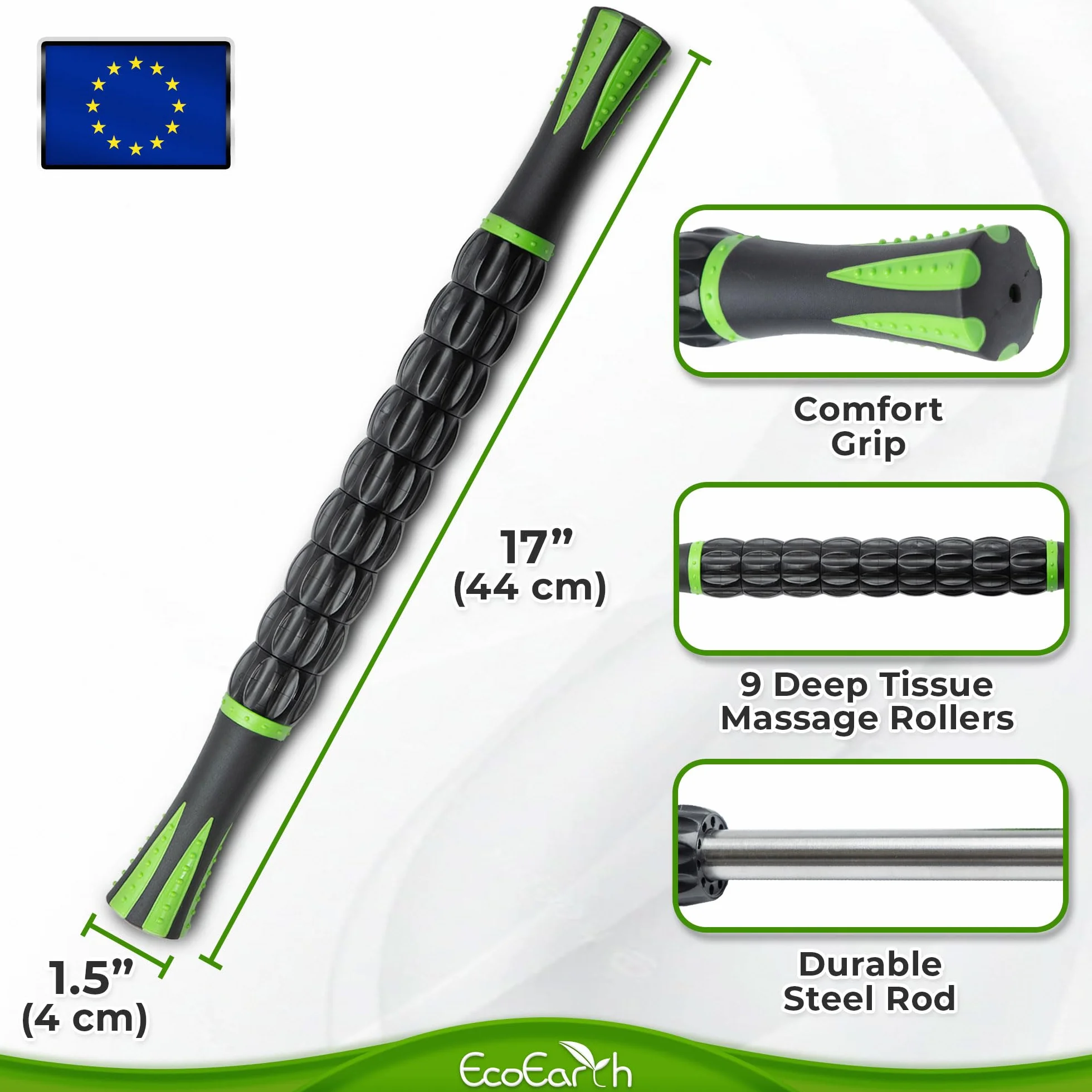 EcoEarth Muscle Roller Stick (43x4cm, 1 PK) - Lymphatic Drainage Massager for Arm, Shoulder, Back & Leg - Myofascial Release Trigger Point Fascia Massage Tool