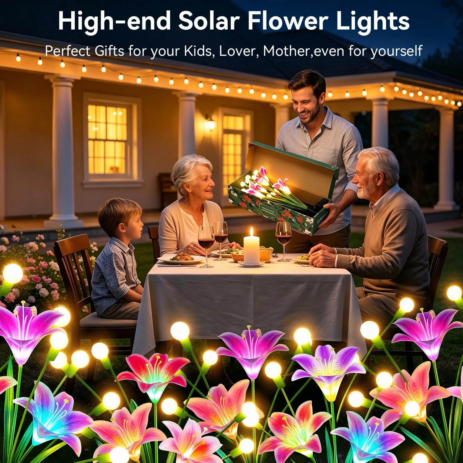 BUCASA Lampy solarne Firefly do ogrodu na zewnątrz, 4 szt. 36 diod LED, jasne lampy solarne do użytku na zewnątrz z ciepłymi, białymi świetlikami i wielokolorowymi kwiatami lilii, ulepszone, kołyszące