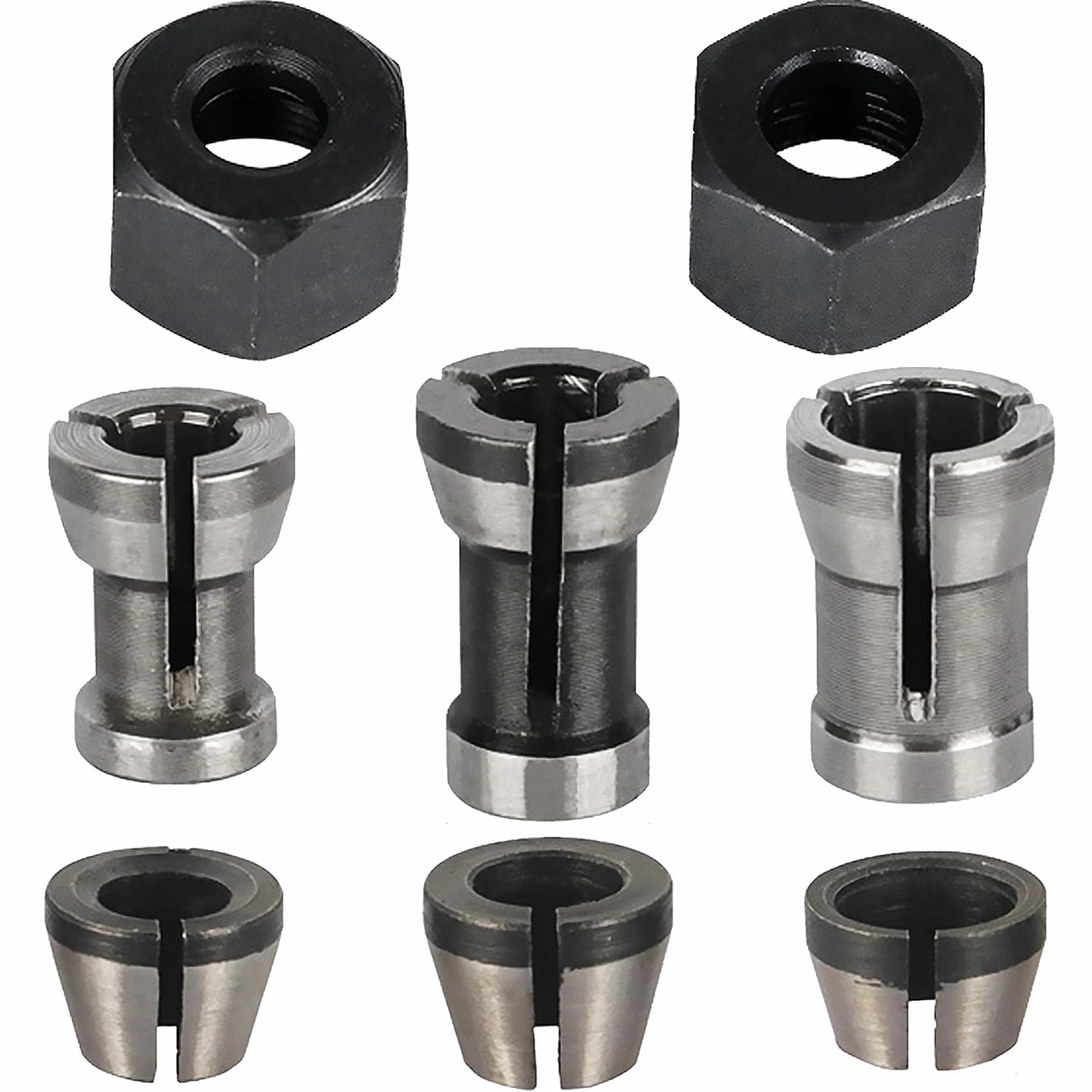 Zestaw 8 tulejek zaciskowych, frezarka górnowrzecionowa, akcesoria do Einhell Katsu Makita Bosch Dewalt, 6 adapterów zaciskowych (6 mm, 6,35 mm, 8 mm) + 2 nakrętki do maszyny do grawerowania
