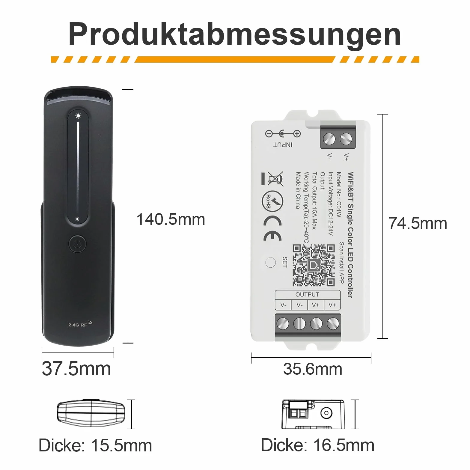 Ściemniacz LED WiFi Single Colour 12 V/24 V – Smart Home Controller z aplikacją Tuya/Smart Life, automatyczne przełączanie Bluetooth, moc 15 A, 2 x V +/V, 2,4 G RF Touch pilot zdalnego sterowania z