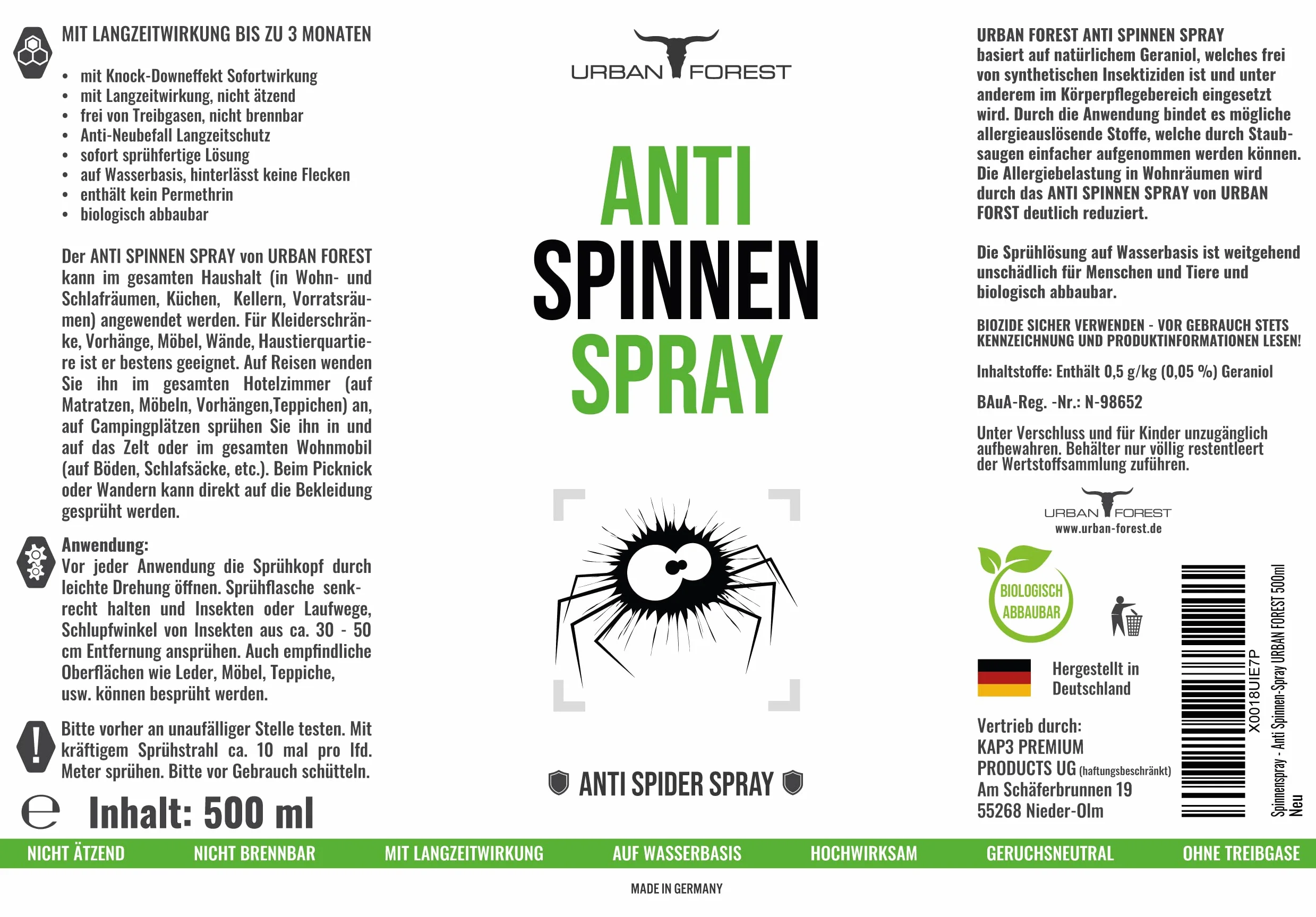 Urban Forest spray do zwalczania pająków i szkodników, do użytku wewnątrz i na zewnątrz, profesjonalny spray przeciw pająkom