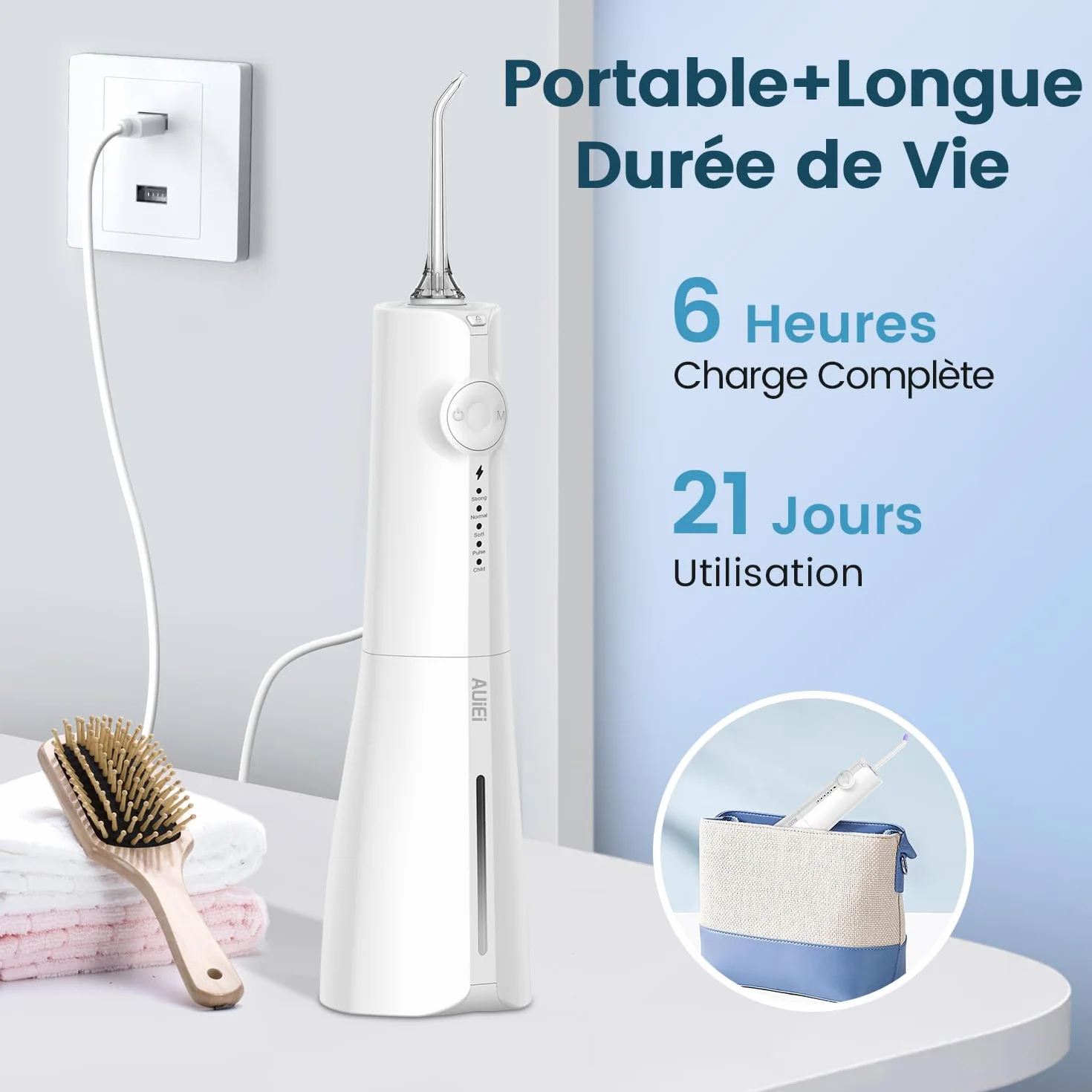 AUIEI Przenośny opryskiwacz dentystyczny do wody Flosser, irygator jamy ustnej 5 trybów i 8 dysz, zbiornik 300 ml, ładowany przez USB, wodoodporny IPX 7, odpowiedni do czułych dziąseł, biały